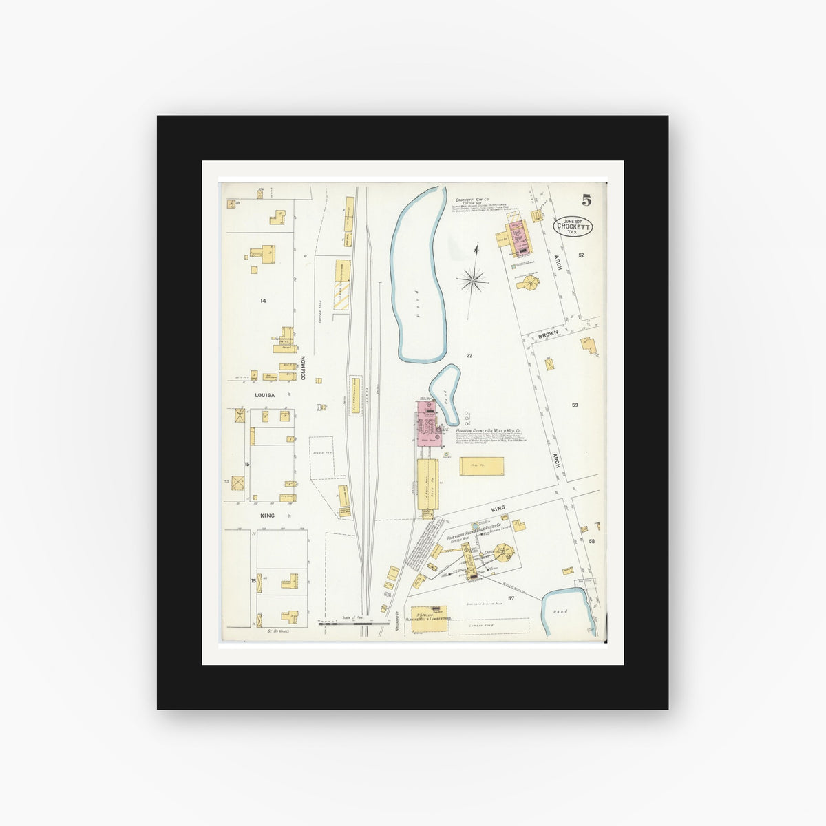 Old map wall art mockup — black gallery frame with white mat — Sanborn Fire Insurance Map from Crockett, Houston County, Texas (1907), Sheet #0005
