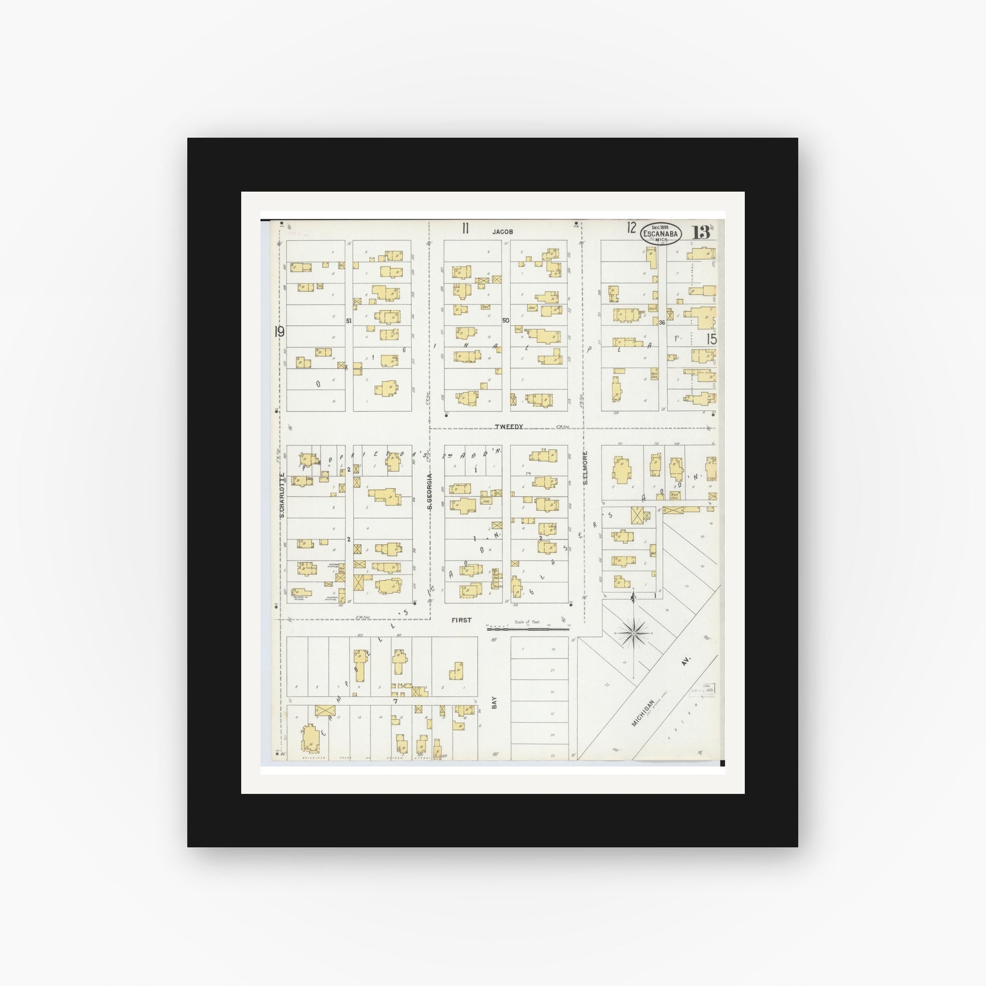 Old map wall art mockup — black gallery frame with white mat — Sanborn Fire Insurance Map from Escanaba, Delta County, Michigan (1899), Sheet #0013