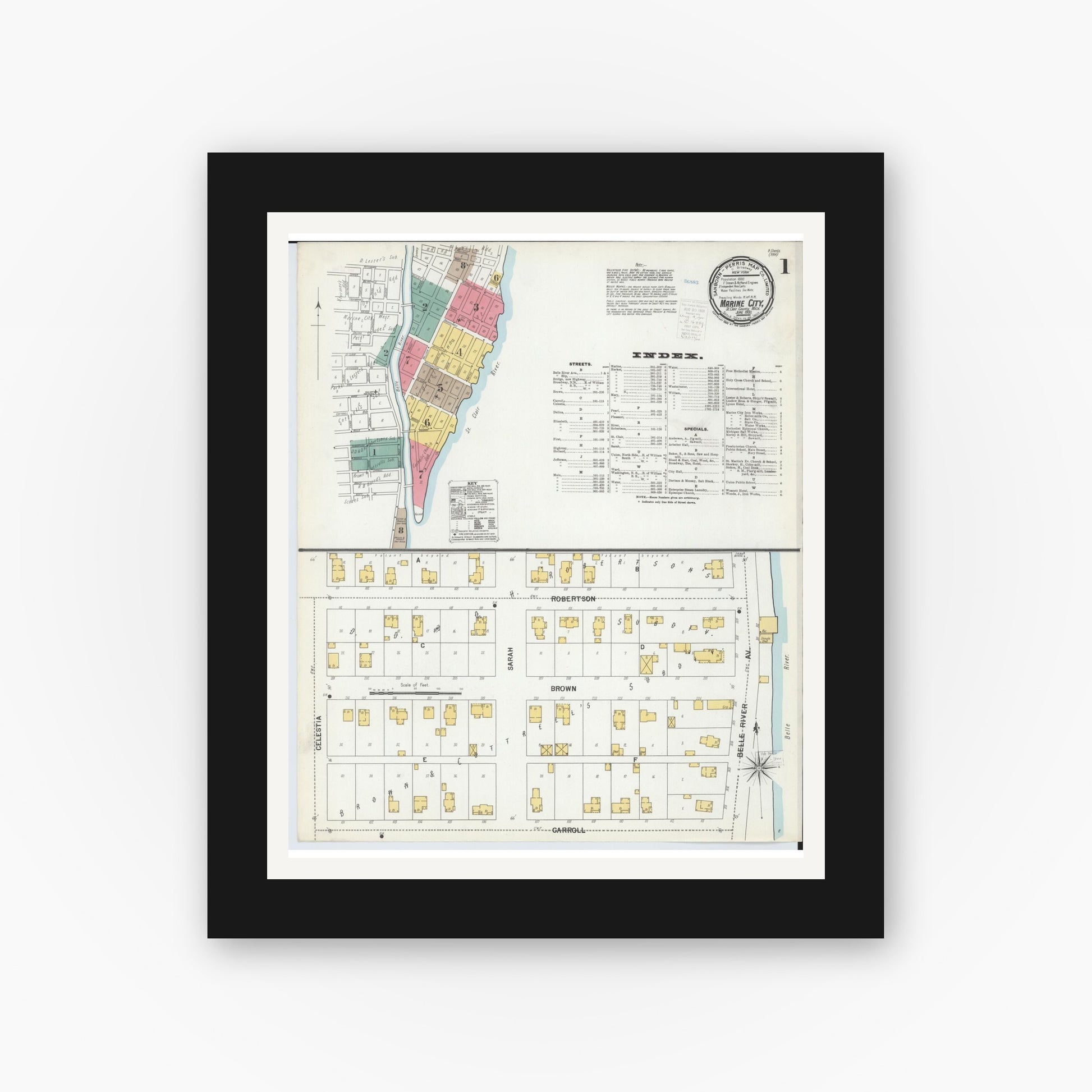Old map wall art mockup — black gallery frame with white mat — Sanborn Fire Insurance Map from Marine City, Saint Clair County, Michigan (1900) - Complete Map Set