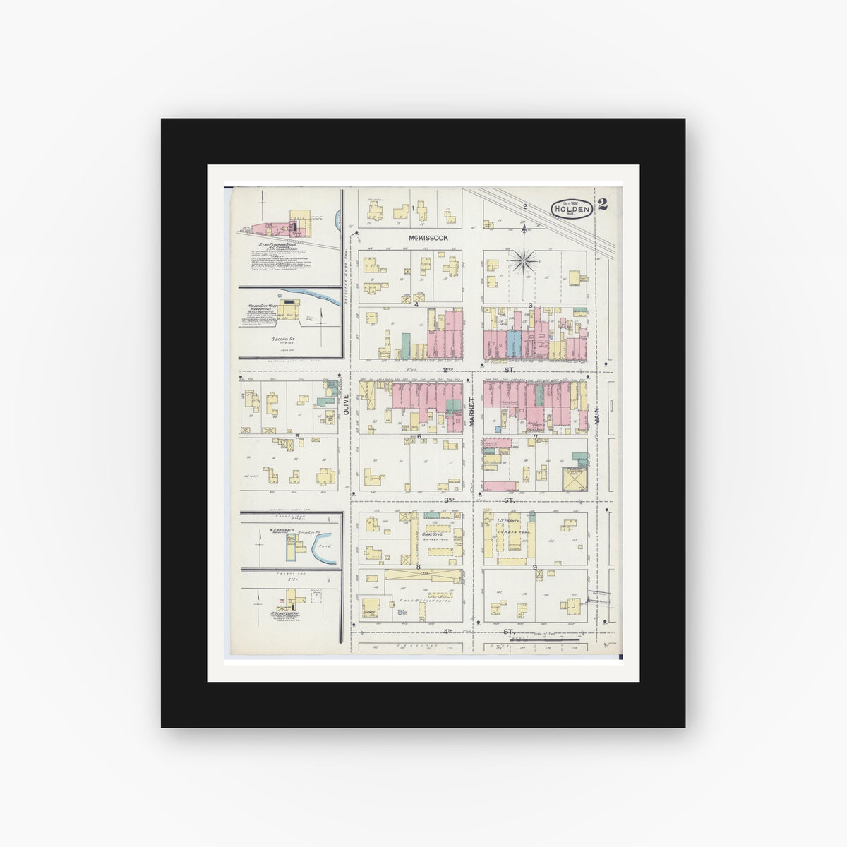 Old map wall art mockup — black gallery frame with white mat — Sanborn Fire Insurance Map from Holden, Johnson County, Missouri (1892), Sheet #0002