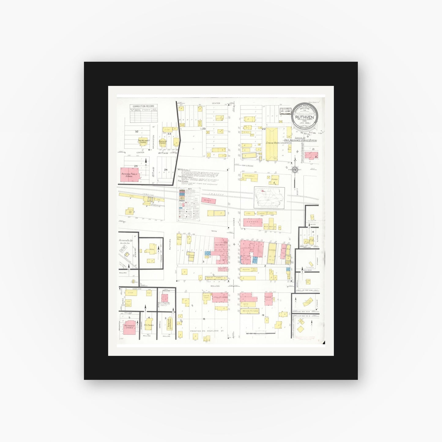 Old map wall art mockup — black gallery frame with white mat — Sanborn Fire Insurance Map from Ruthven, Palo Alto County, Iowa (1933), Sheet #0001