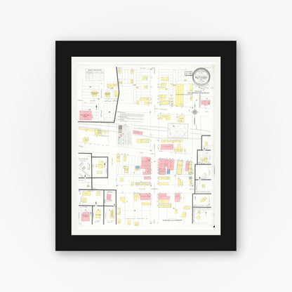 Old map wall art mockup — black gallery frame with white mat — Sanborn Fire Insurance Map from Ruthven, Palo Alto County, Iowa (1933), Sheet #0001
