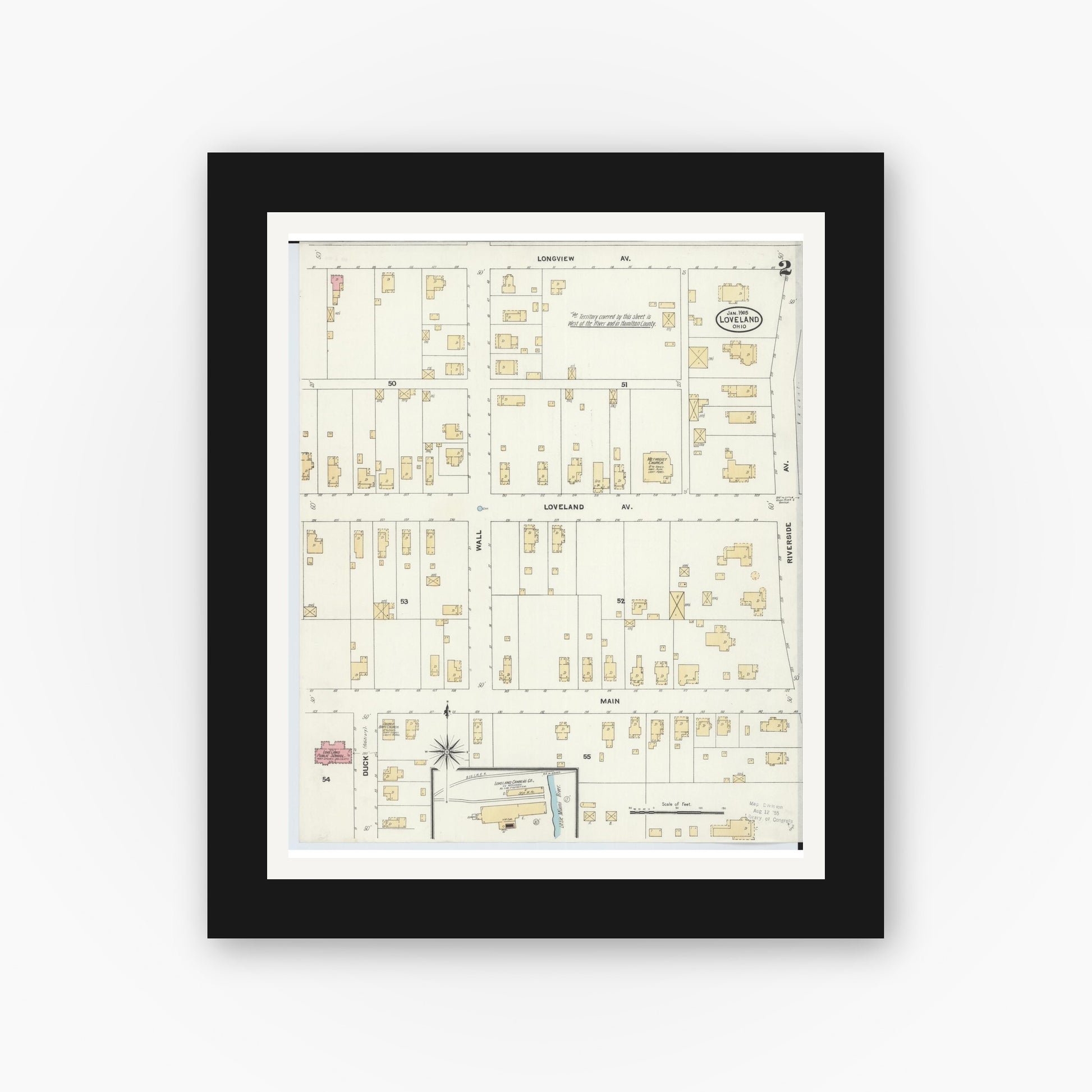 Old map wall art mockup — black gallery frame with white mat — Sanborn Fire Insurance Map from Loveland, Clermont, Hamilton, And Warren County, Ohio (1905), Sheet #0002