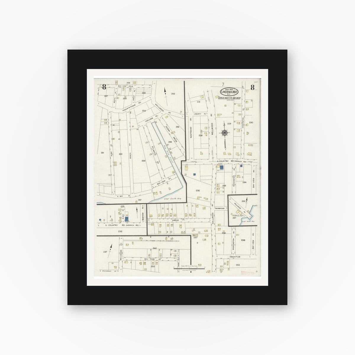 Old map wall art mockup — black gallery frame with white mat — Sanborn Fire Insurance Map from Lindenhurst, Suffolk County, New York (1925), Sheet #0008