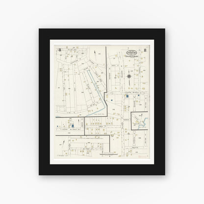 Old map wall art mockup — black gallery frame with white mat — Sanborn Fire Insurance Map from Lindenhurst, Suffolk County, New York (1925), Sheet #0008
