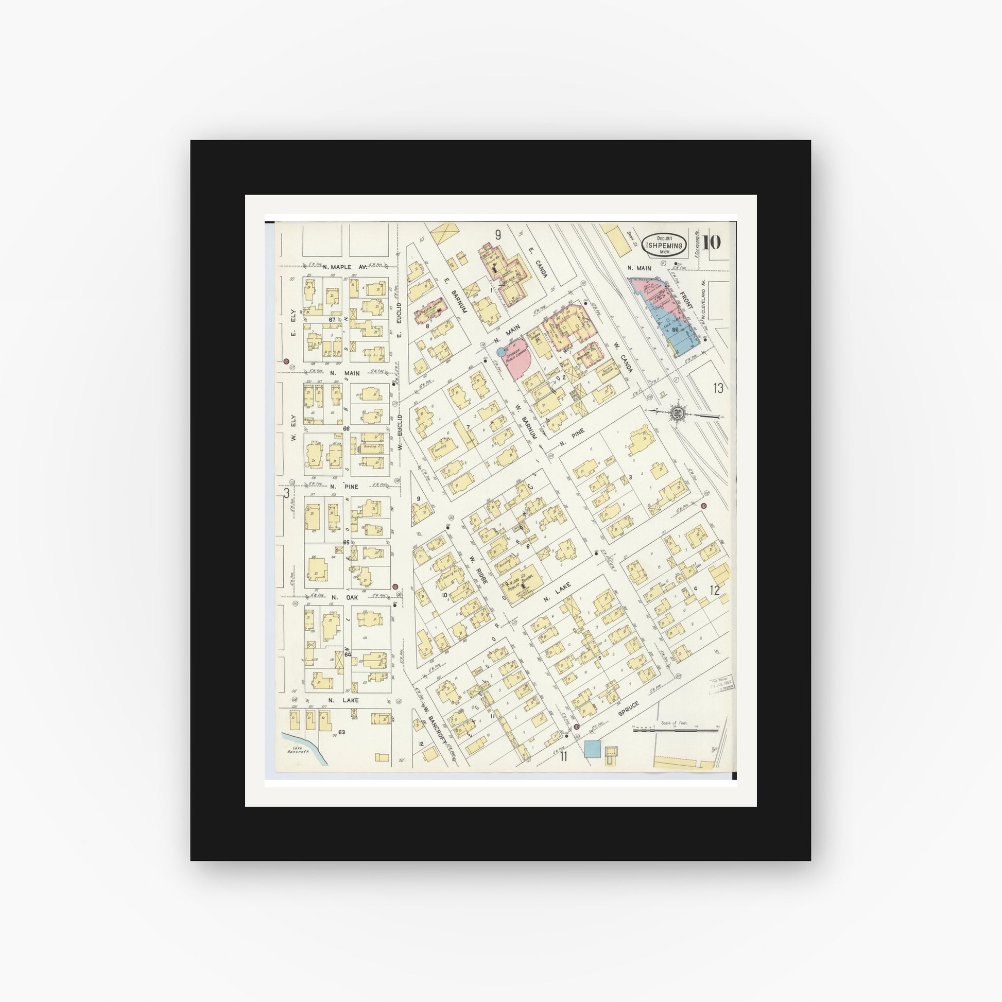 Old map wall art mockup — black gallery frame with white mat — Sanborn Fire Insurance Map from Ishpeming, Marquette County, Michigan (1911), Sheet #0010