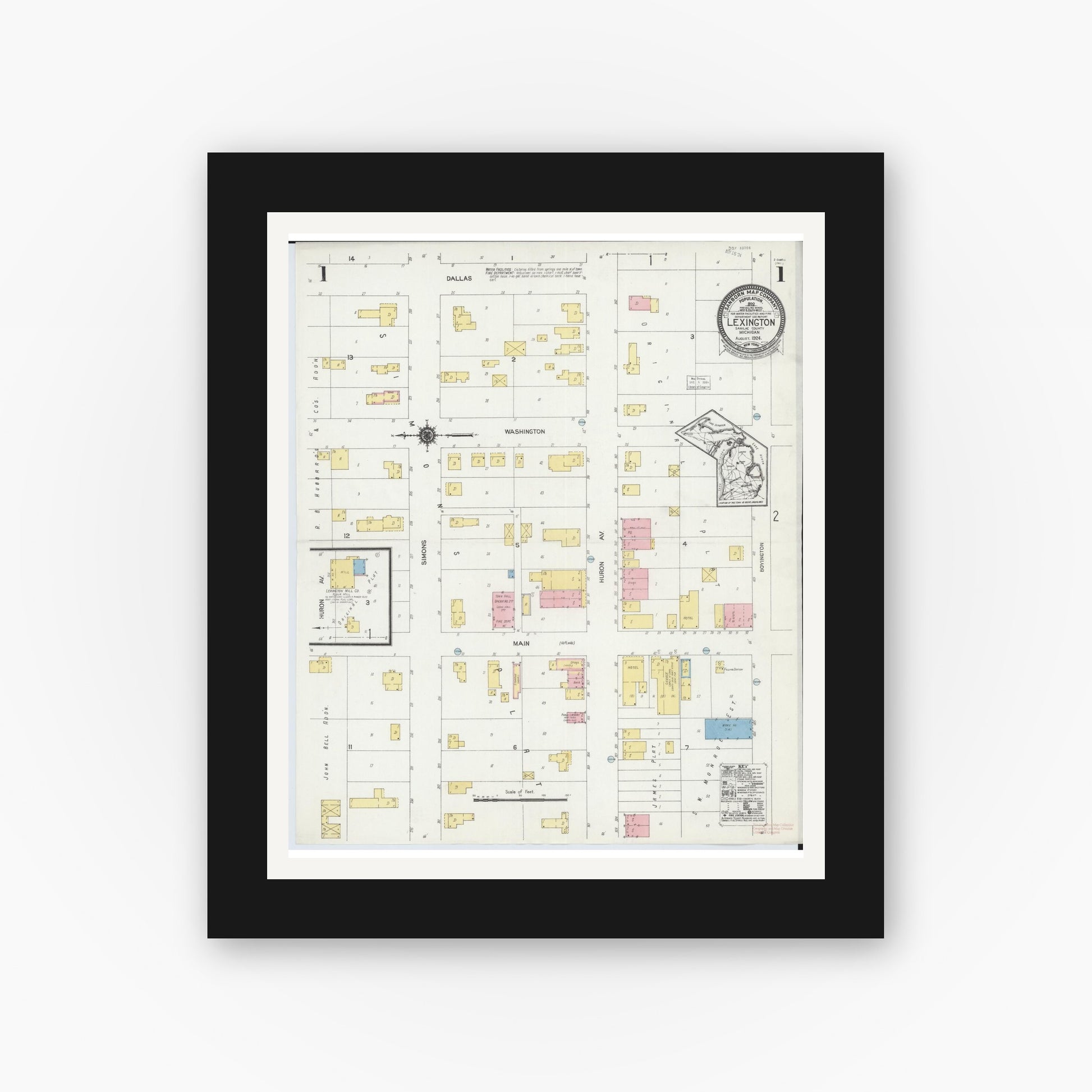 Old map wall art mockup — black gallery frame with white mat — Sanborn Fire Insurance Map from Lexington, Sanilac County, Michigan (1924) - Complete Map Set