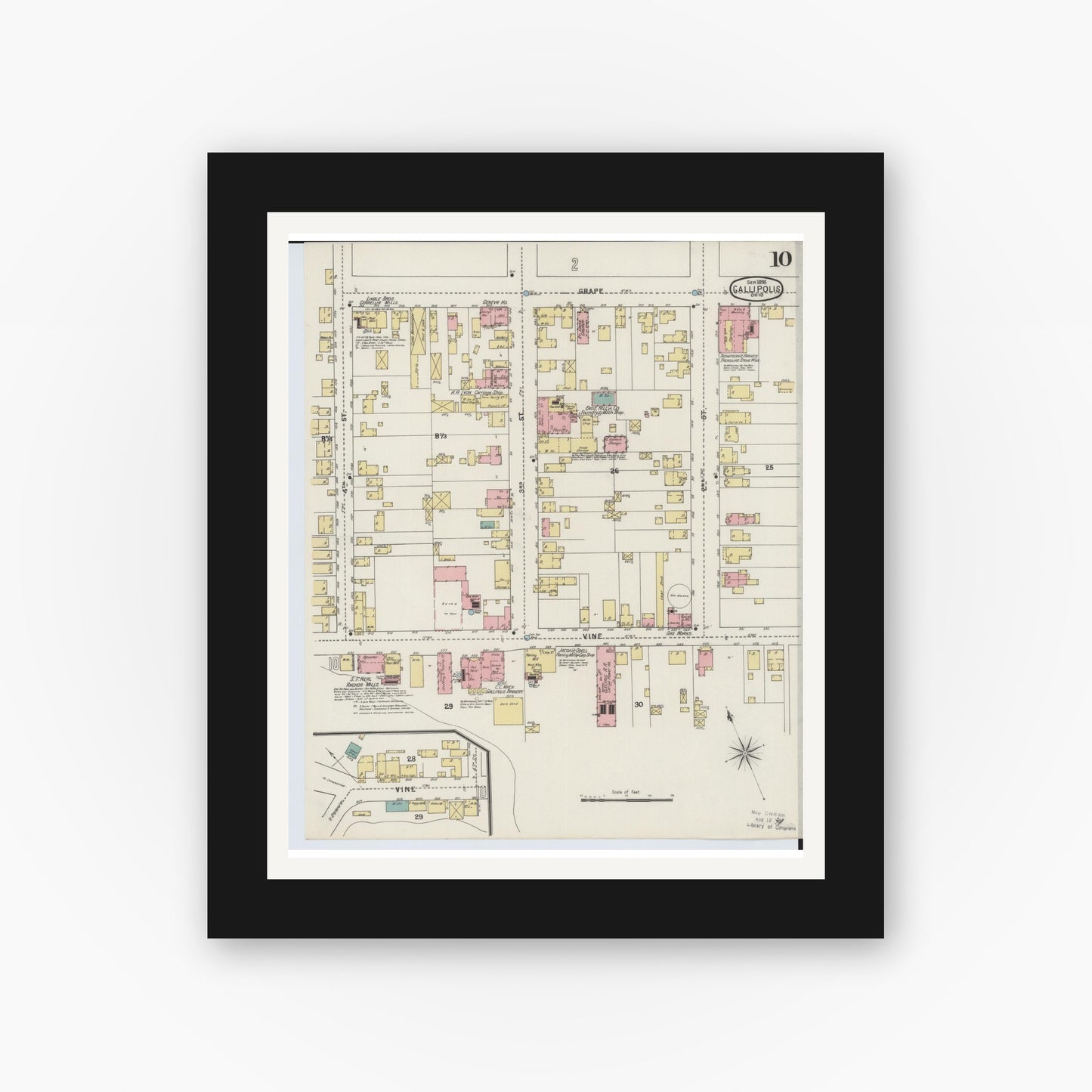 Old map wall art mockup — black gallery frame with white mat — Sanborn Fire Insurance Map from Gallipolis, Gallia County, Ohio (1895), Sheet #0010