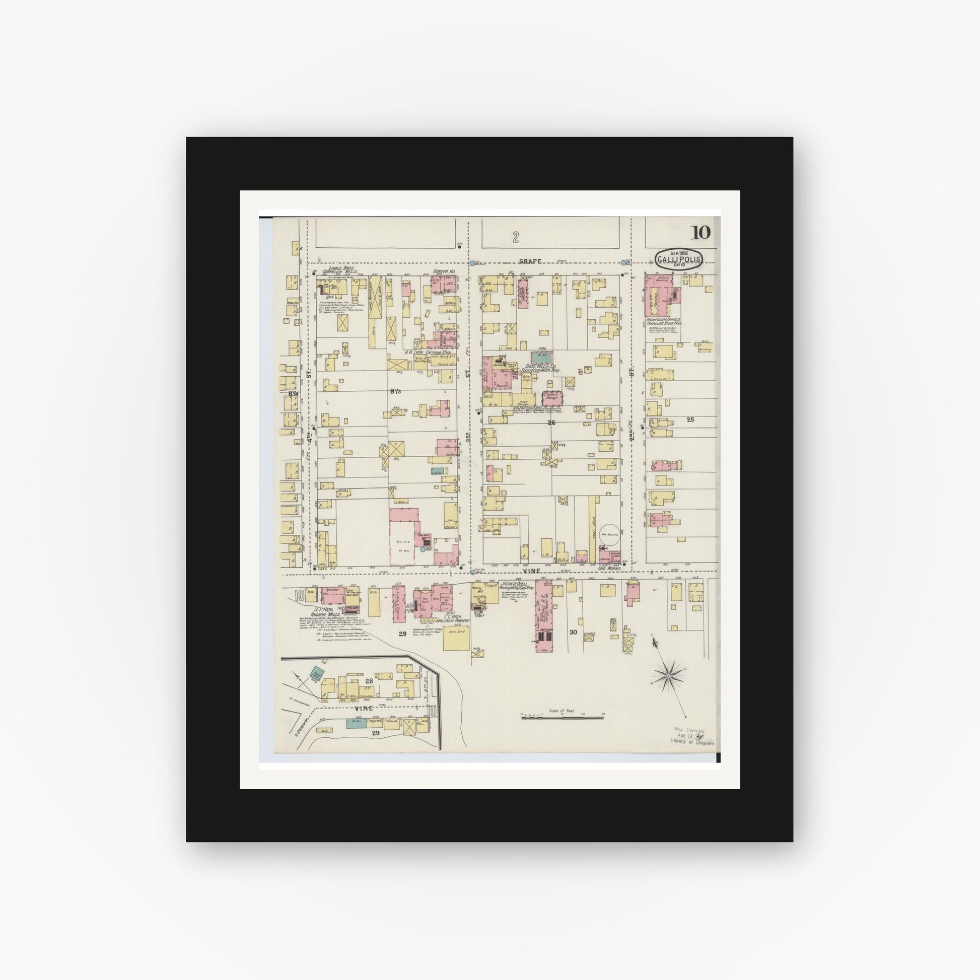 Old map wall art mockup — black gallery frame with white mat — Sanborn Fire Insurance Map from Gallipolis, Gallia County, Ohio (1895), Sheet #0010