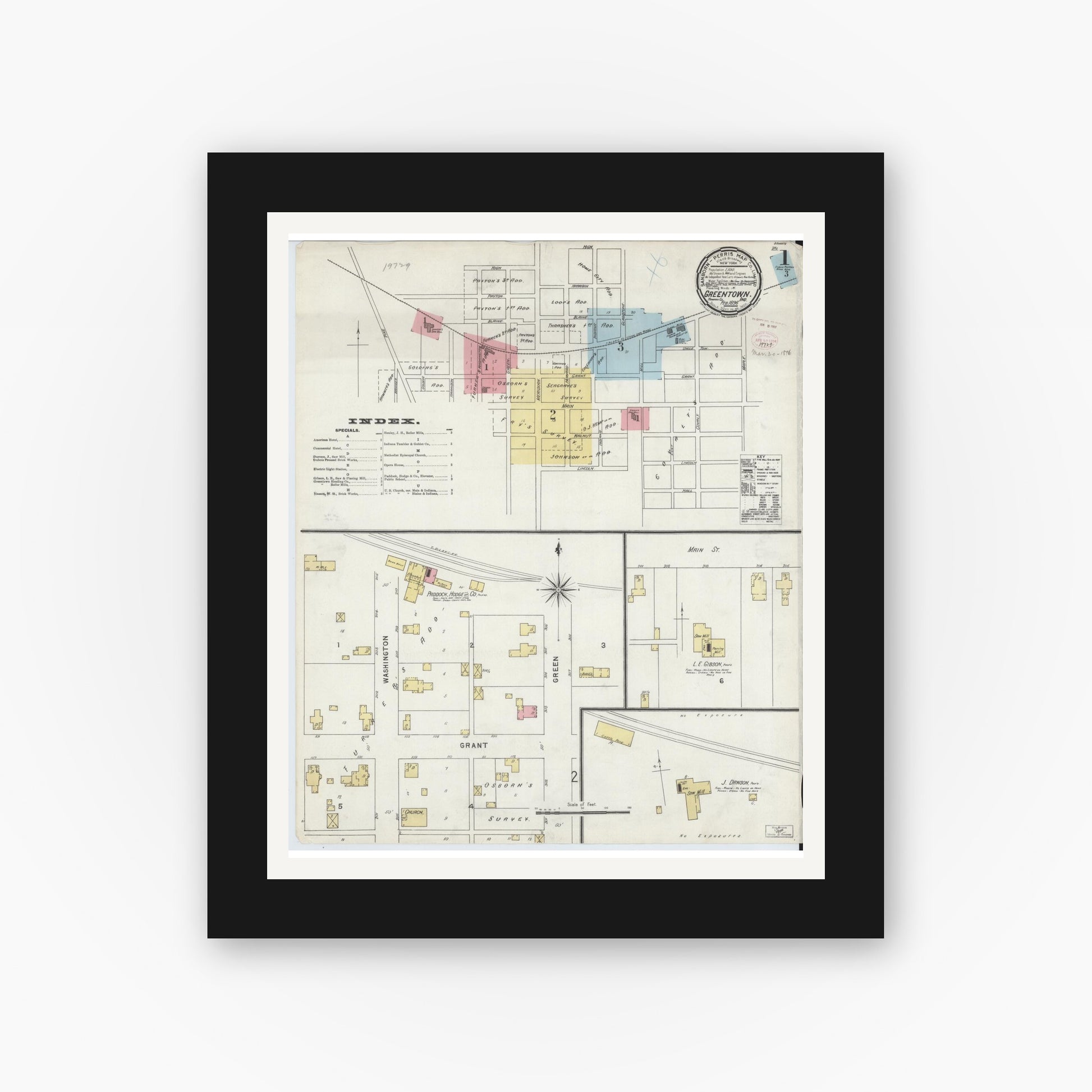Old map wall art mockup — black gallery frame with white mat — Sanborn Fire Insurance Map from Greentown, Howard County, Indiana (1896), Sheet #0001
