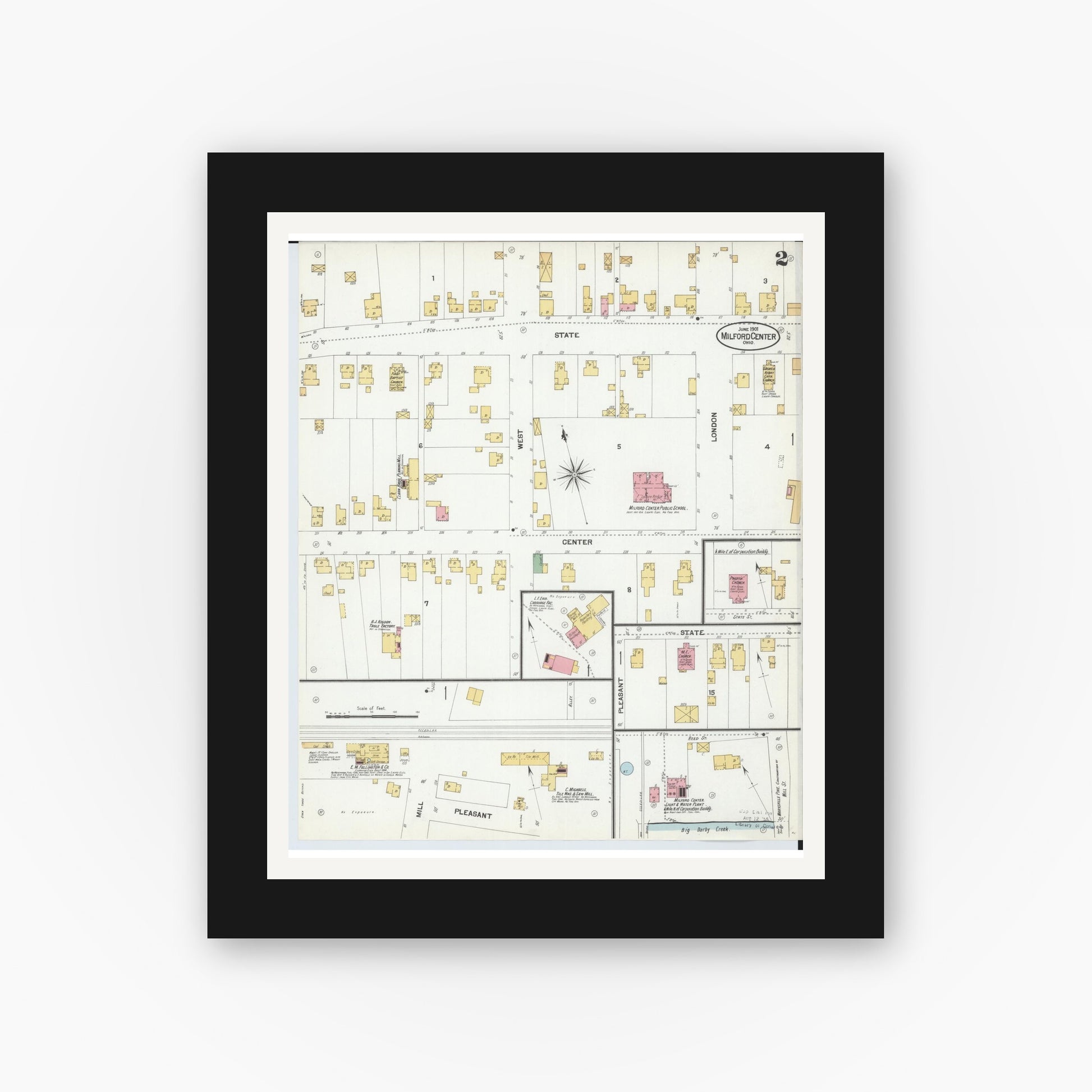 Old map wall art mockup — black gallery frame with white mat — Sanborn Fire Insurance Map from Milford Center, Union County, Ohio (1901), Sheet #0002