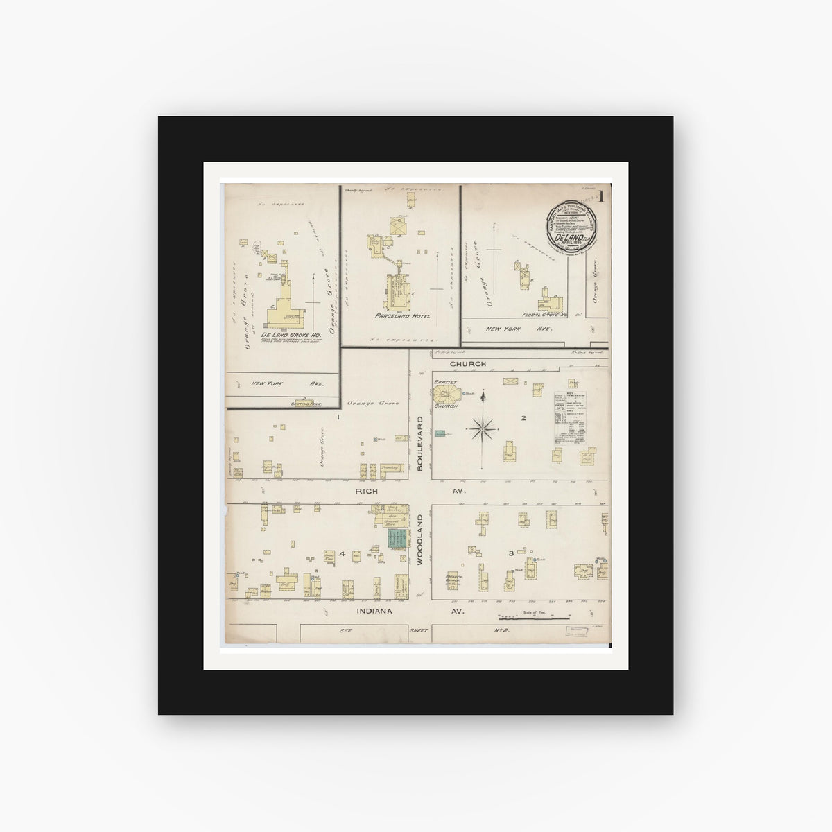 Old map wall art mockup — black gallery frame with white mat — Sanborn Fire Insurance Map from De Land, Volusia County, Florida (1885) - Complete Map Set