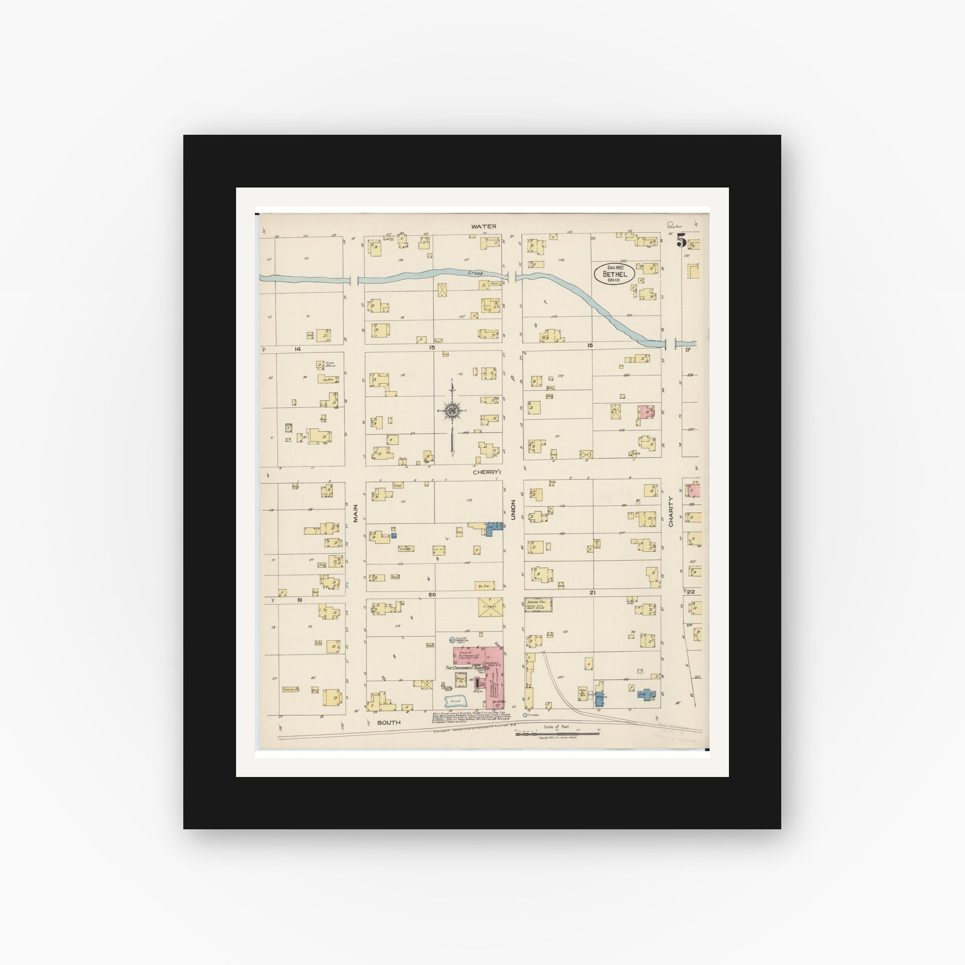 Old map wall art mockup — black gallery frame with white mat — Sanborn Fire Insurance Map from Bethel, Clermont County, Ohio (1922), Sheet #0005