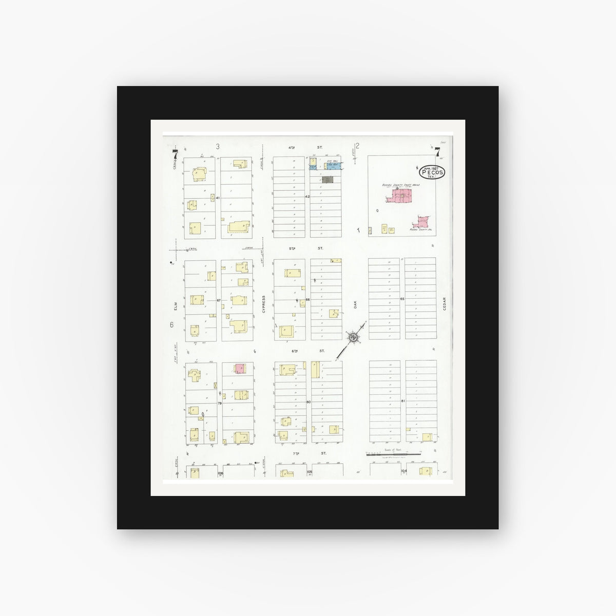 Old map wall art mockup — black gallery frame with white mat — Sanborn Fire Insurance Map from Pecos, Reeves County, Texas (1927), Sheet #0007