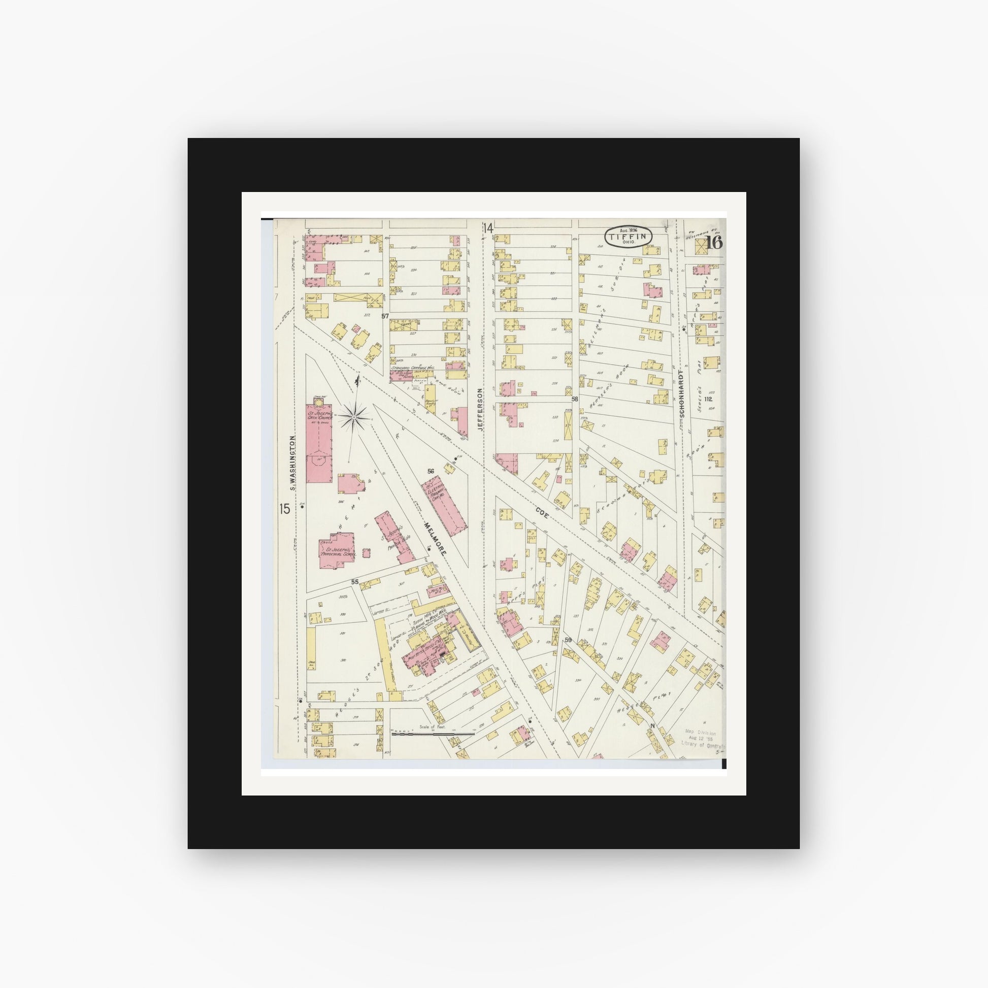 Old map wall art mockup — black gallery frame with white mat — Sanborn Fire Insurance Map from Tiffin, Seneca County, Ohio (1896), Sheet #0016