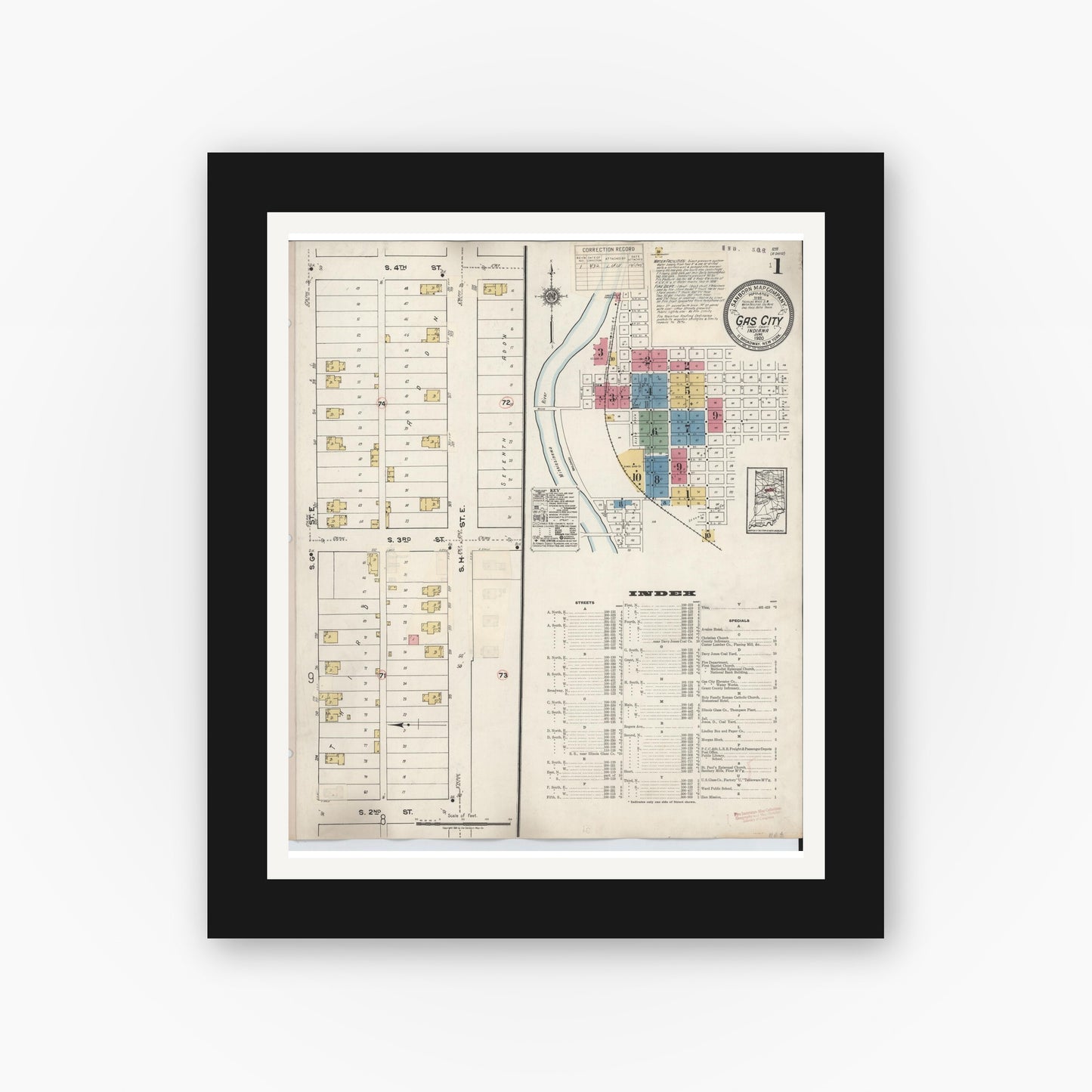 Old map wall art mockup — black gallery frame with white mat — Sanborn Fire Insurance Map from Gas City, Grant County, Indiana (1932) - Complete Map Set