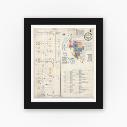 Old map wall art mockup — black gallery frame with white mat — Sanborn Fire Insurance Map from Gas City, Grant County, Indiana (1932) - Complete Map Set