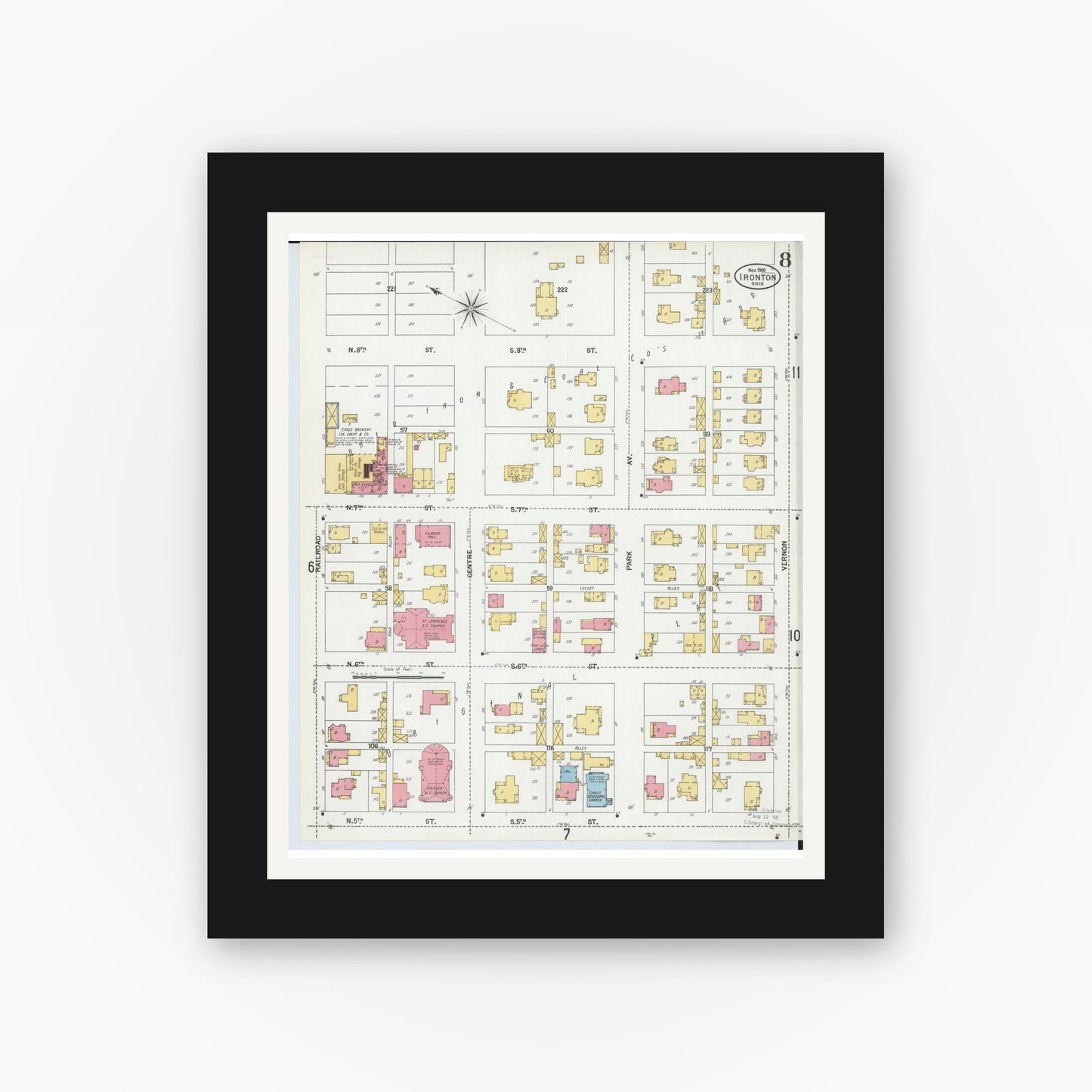 Old map wall art mockup — black gallery frame with white mat — Sanborn Fire Insurance Map from Ironton, Lawrence County, Ohio (1900), Sheet #0008