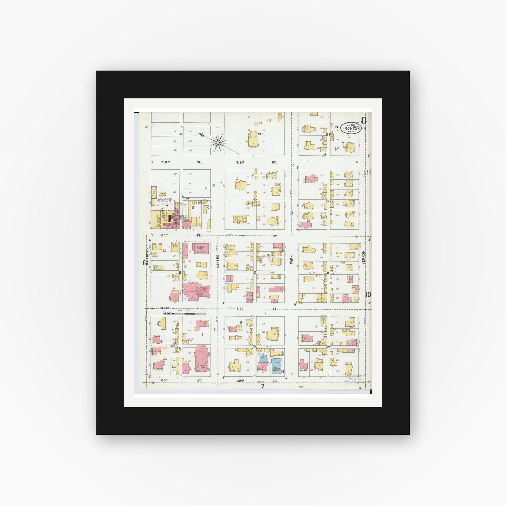 Old map wall art mockup — black gallery frame with white mat — Sanborn Fire Insurance Map from Ironton, Lawrence County, Ohio (1900), Sheet #0008