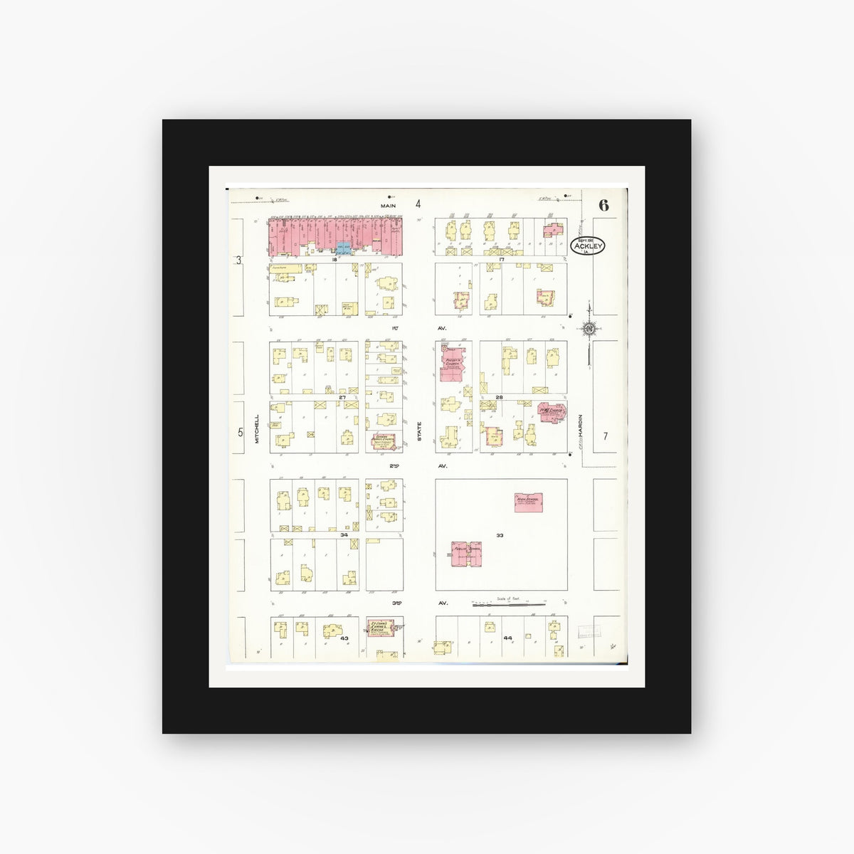Old map wall art mockup — black gallery frame with white mat — Sanborn Fire Insurance Map from Ackley, Hardin and Franklin Counties, Iowa (1911), Sheet #0006