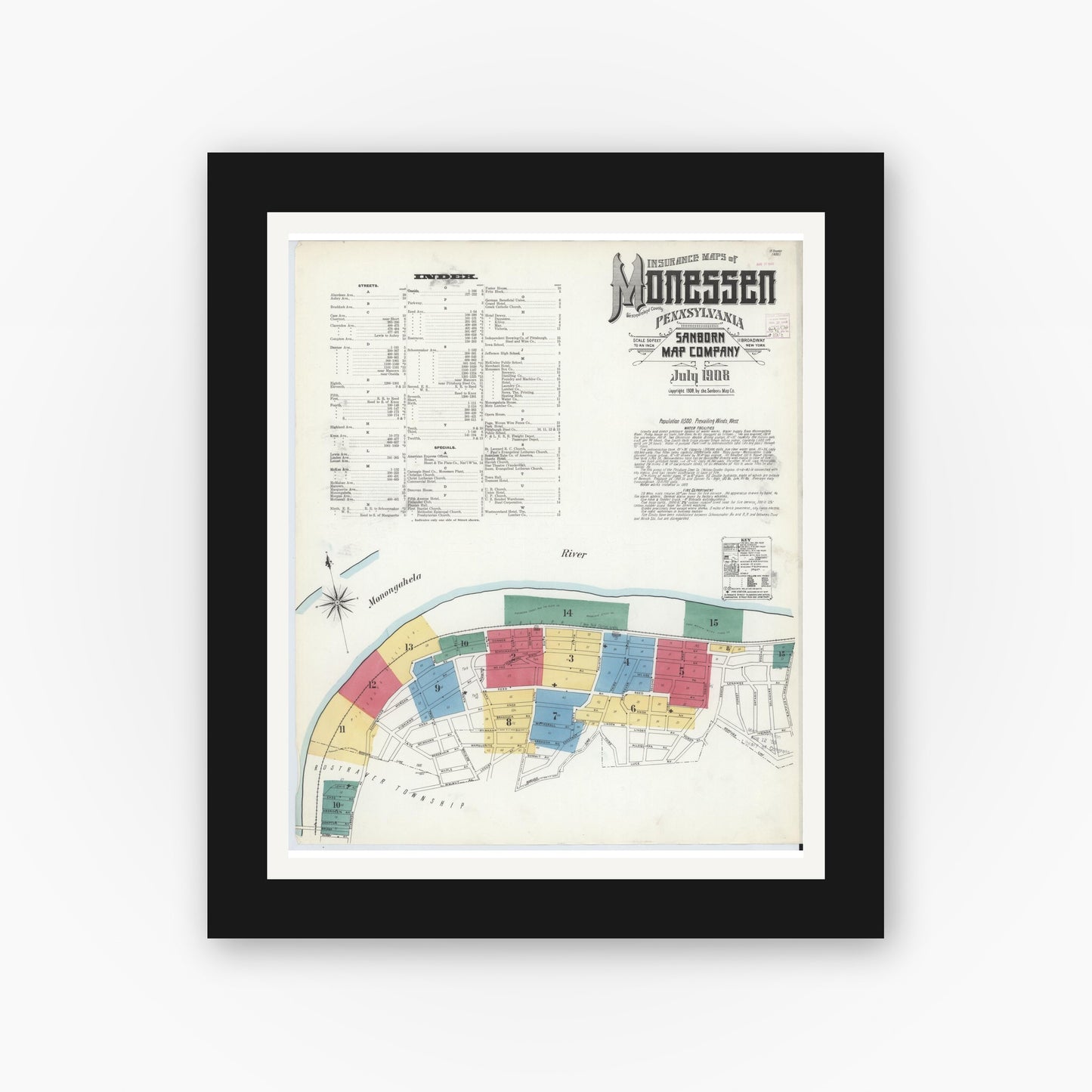 Old map wall art mockup — black gallery frame with white mat — Sanborn Fire Insurance Map from Monessen, Westmoreland County, Pennsylvania (1908) - Complete Map Set