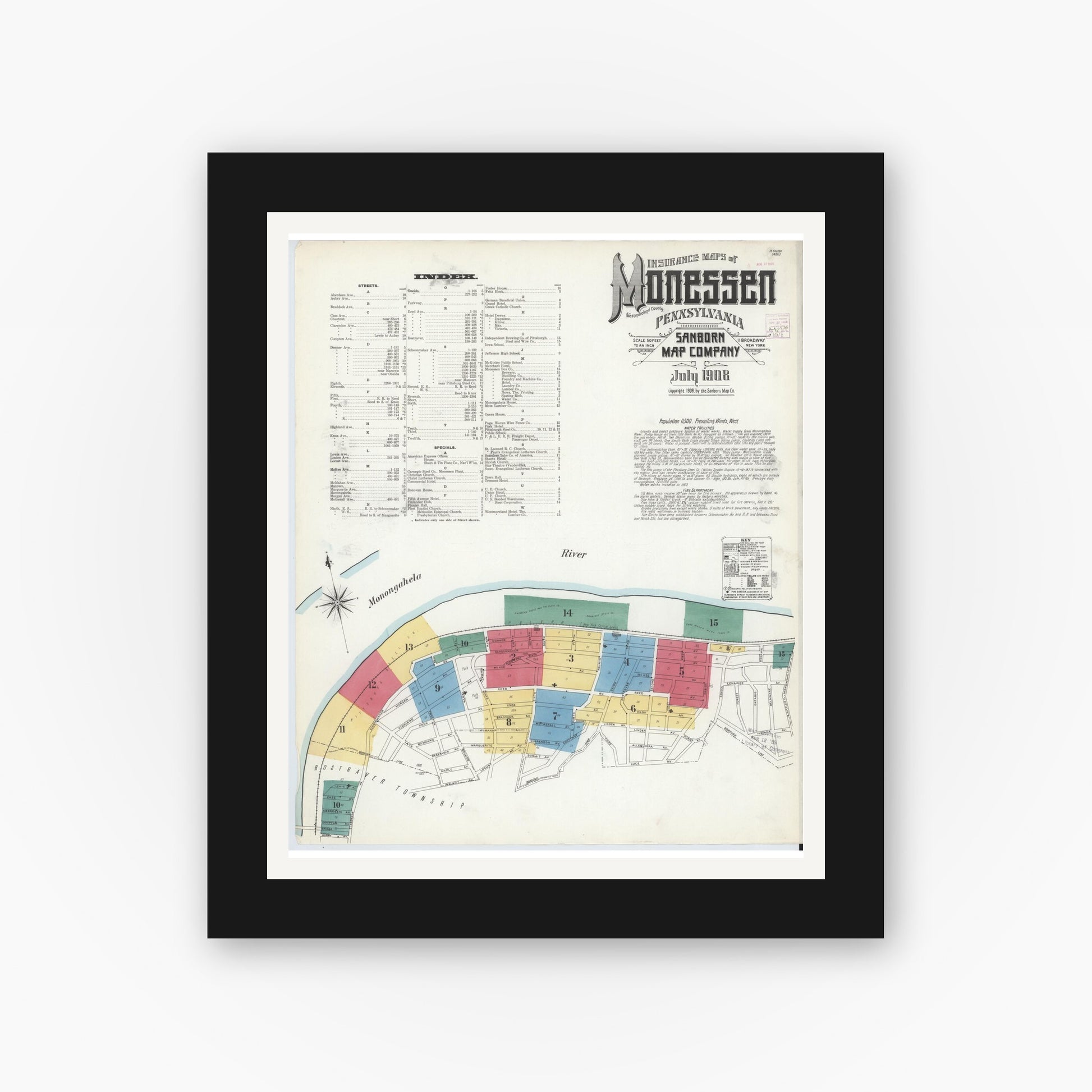 Old map wall art mockup — black gallery frame with white mat — Sanborn Fire Insurance Map from Monessen, Westmoreland County, Pennsylvania (1908) - Complete Map Set
