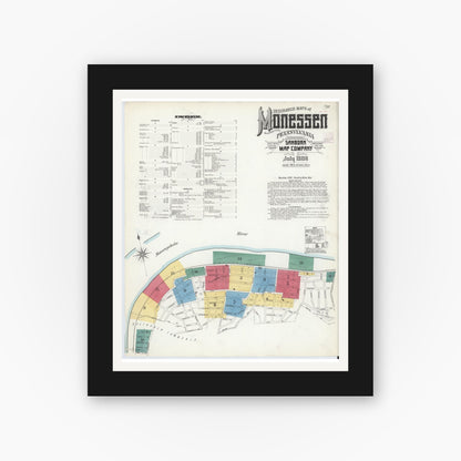 Old map wall art mockup — black gallery frame with white mat — Sanborn Fire Insurance Map from Monessen, Westmoreland County, Pennsylvania (1908) - Complete Map Set