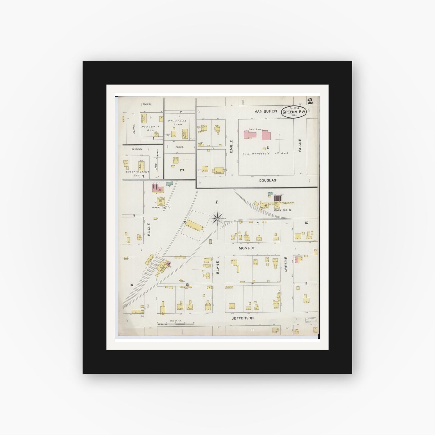 Old map wall art mockup — black gallery frame with white mat — Sanborn Fire Insurance Map from Greenview, Menard County, Illinois (1893), Sheet #0002