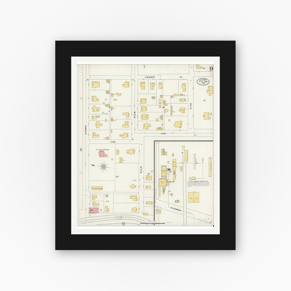 Old map wall art mockup — black gallery frame with white mat — Sanborn Fire Insurance Map from Tyler, Smith County, Texas (1898), Sheet #0009
