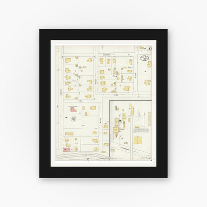 Old map wall art mockup — black gallery frame with white mat — Sanborn Fire Insurance Map from Tyler, Smith County, Texas (1898), Sheet #0009