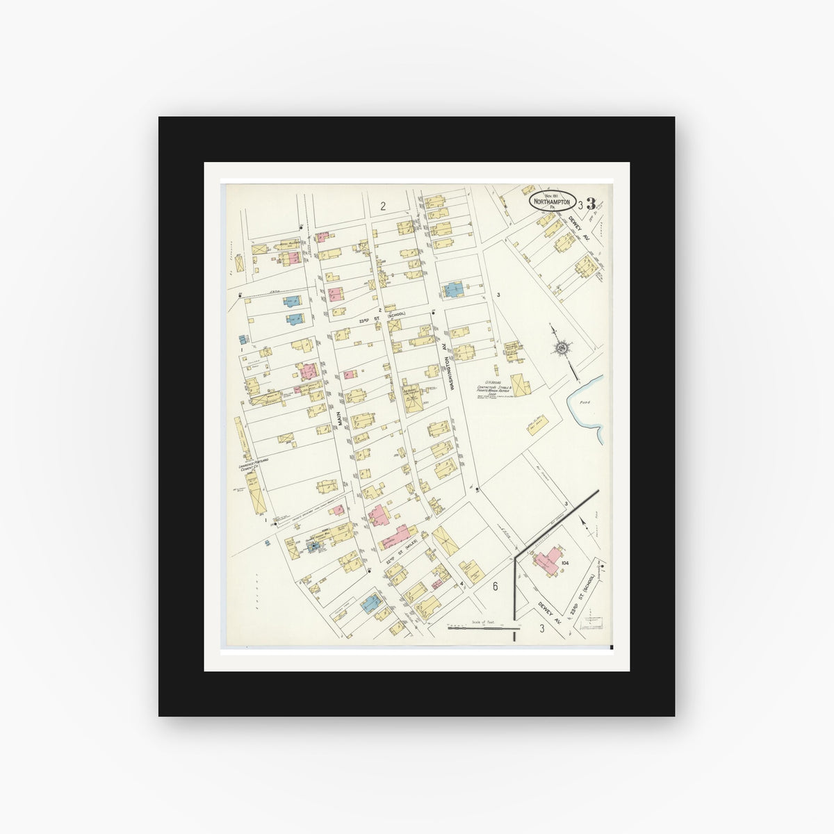 Old map wall art mockup — black gallery frame with white mat — Sanborn Fire Insurance Map from Northampton, Northampton County, Pennsylvania (1911), Sheet #0003