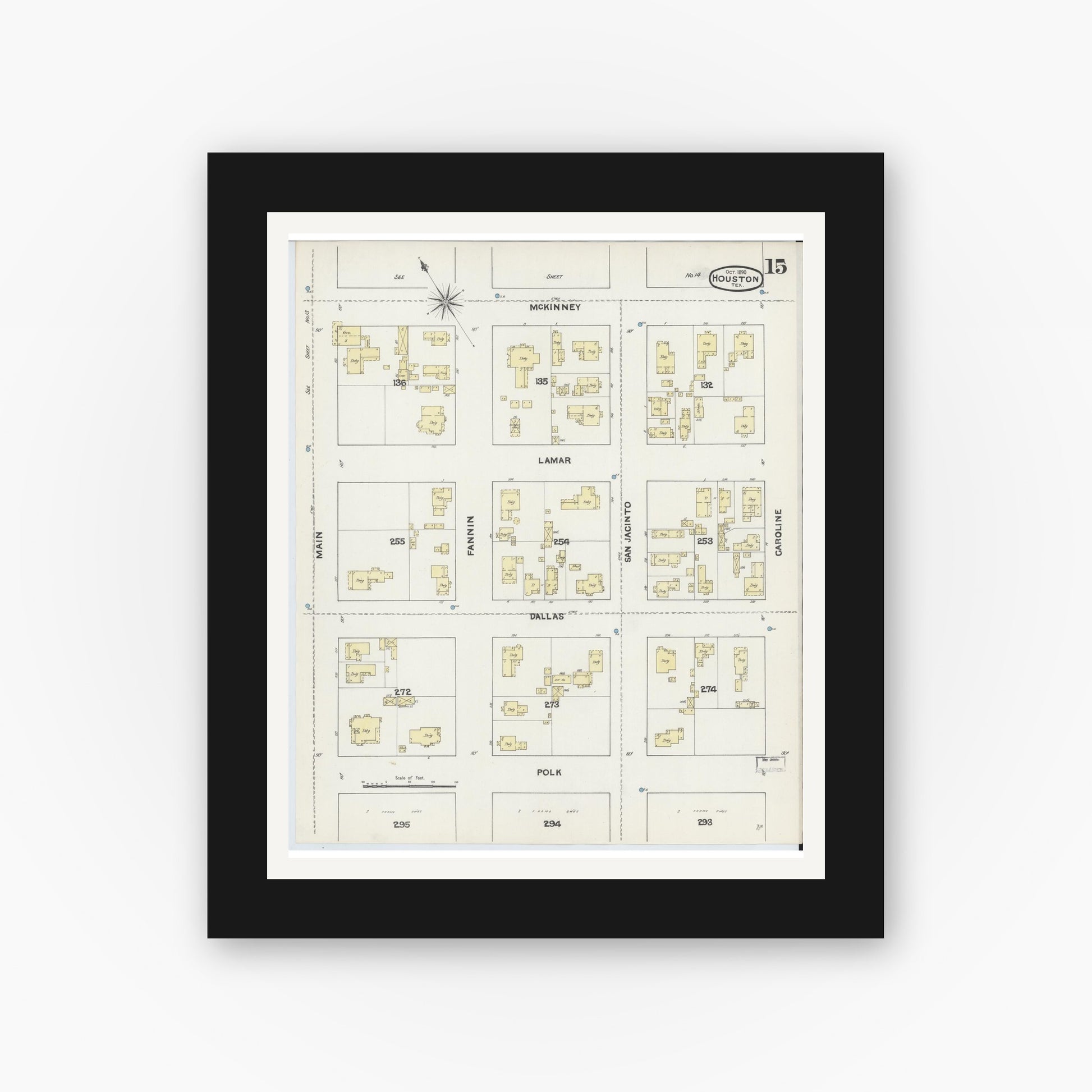 Old map wall art mockup — black gallery frame with white mat — Sanborn Fire Insurance Map from Houston, Harris County, Texas (1890), Sheet #0015