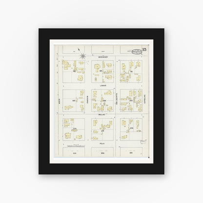 Old map wall art mockup — black gallery frame with white mat — Sanborn Fire Insurance Map from Houston, Harris County, Texas (1890), Sheet #0015