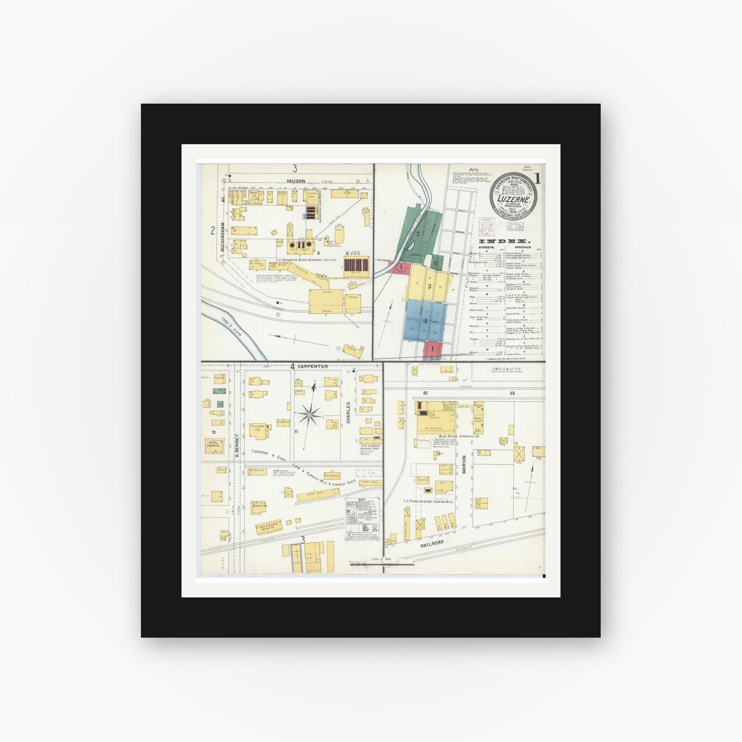 Old map wall art mockup — black gallery frame with white mat — Sanborn Fire Insurance Map from Luzerne, Luzerne County, Pennsylvania (1903) - Complete Map Set