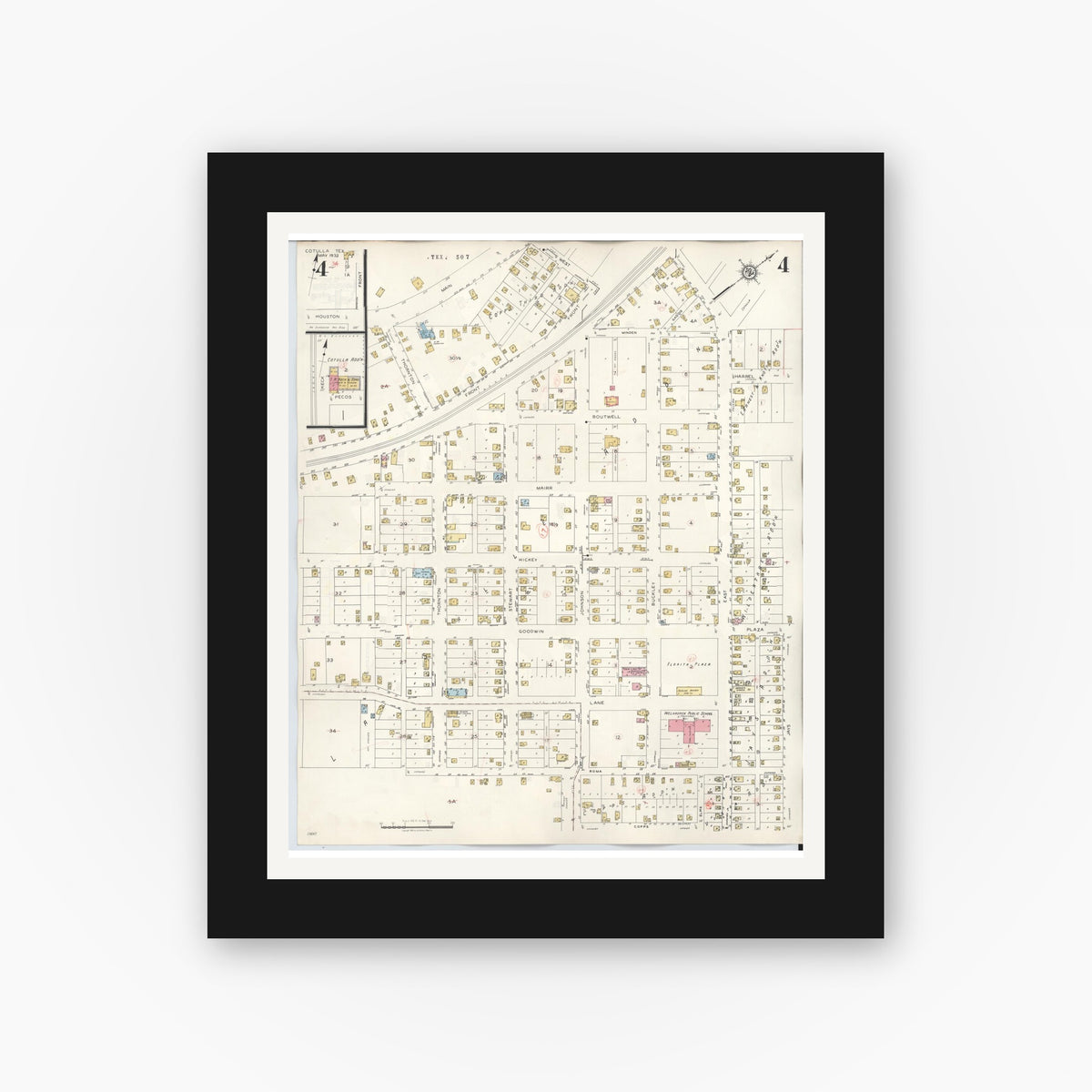 Old map wall art mockup — black gallery frame with white mat — Sanborn Fire Insurance Map from Cotulla, La Salle County, Texas (1948), Sheet #0004