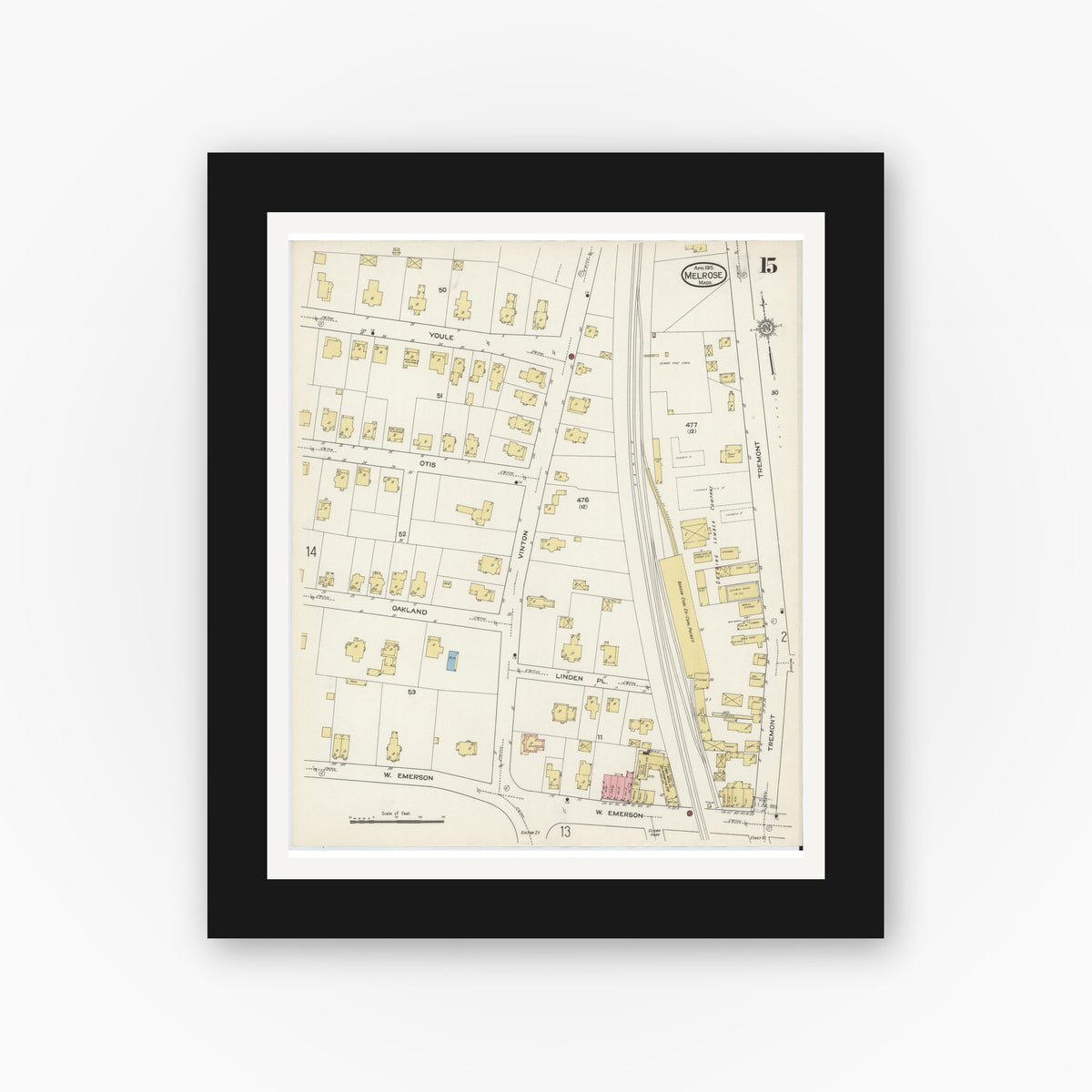 Old map wall art mockup — black gallery frame with white mat — Sanborn Fire Insurance Map from Melrose, Middlesex County, Massachusetts (1915), Sheet #0015