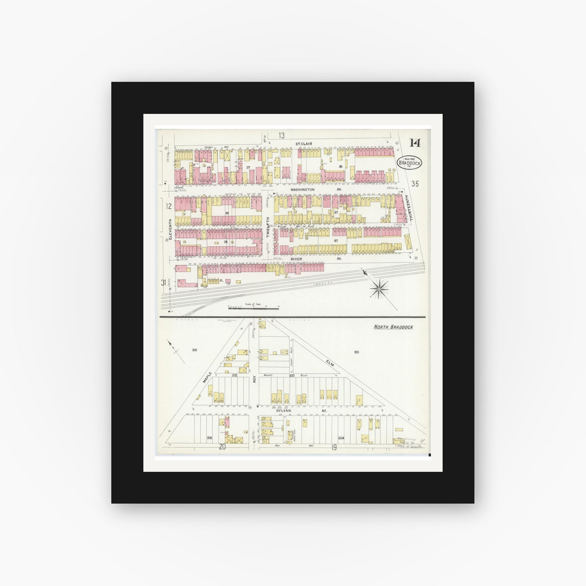 Old map wall art mockup — black gallery frame with white mat — Sanborn Fire Insurance Map from Braddock, Allegheny County, Pennsylvania (1908), Sheet #0014