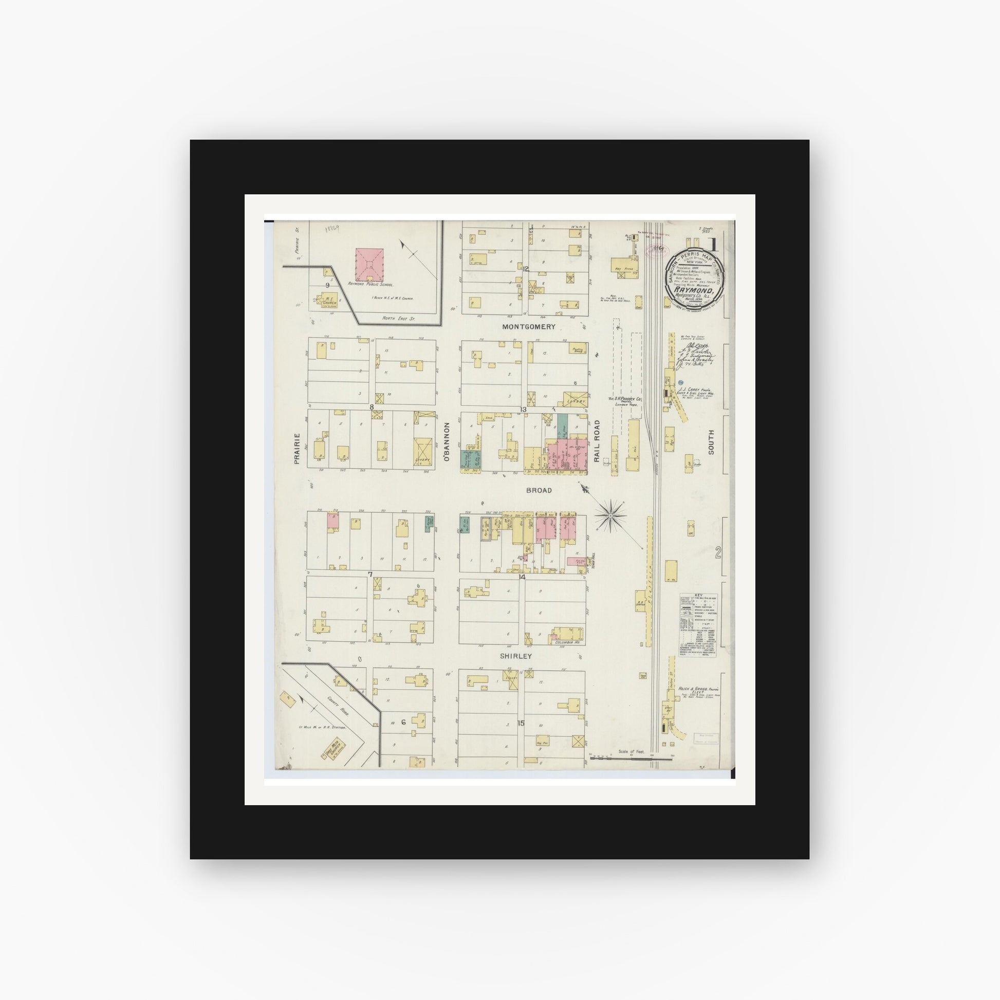 Old map wall art mockup — black gallery frame with white mat — Sanborn Fire Insurance Map from Raymond, Montgomery County, Illinois (1894), Sheet #0001