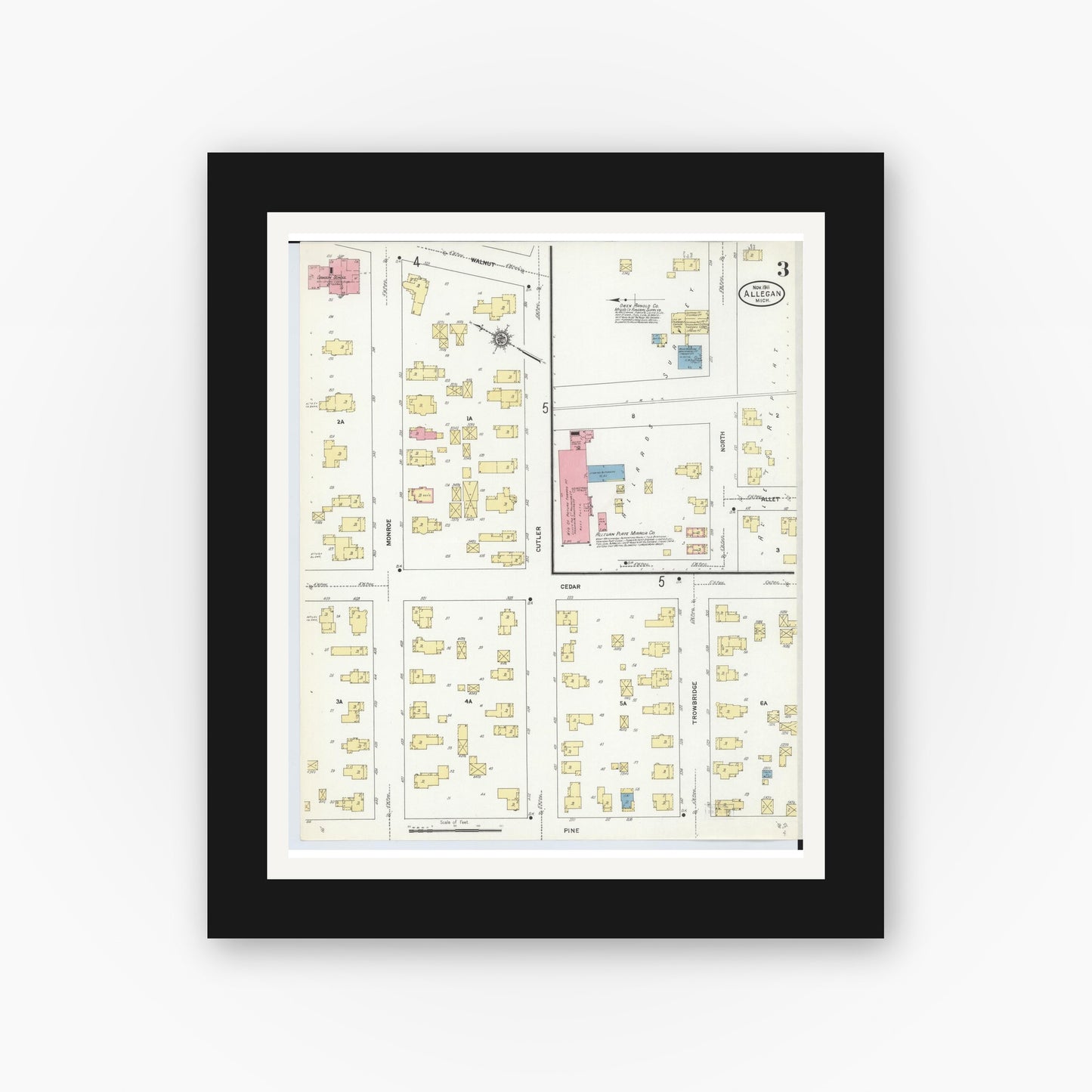 Old map wall art mockup — black gallery frame with white mat — Sanborn Fire Insurance Map from Allegan, Allegan County, Michigan (1911), Sheet #0003