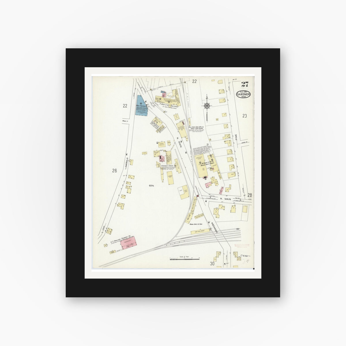 Old map wall art mockup — black gallery frame with white mat — Sanborn Fire Insurance Map from Gardner, Worcester County, Massachusetts (1914), Sheet #0027
