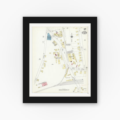 Old map wall art mockup — black gallery frame with white mat — Sanborn Fire Insurance Map from Gardner, Worcester County, Massachusetts (1914), Sheet #0027