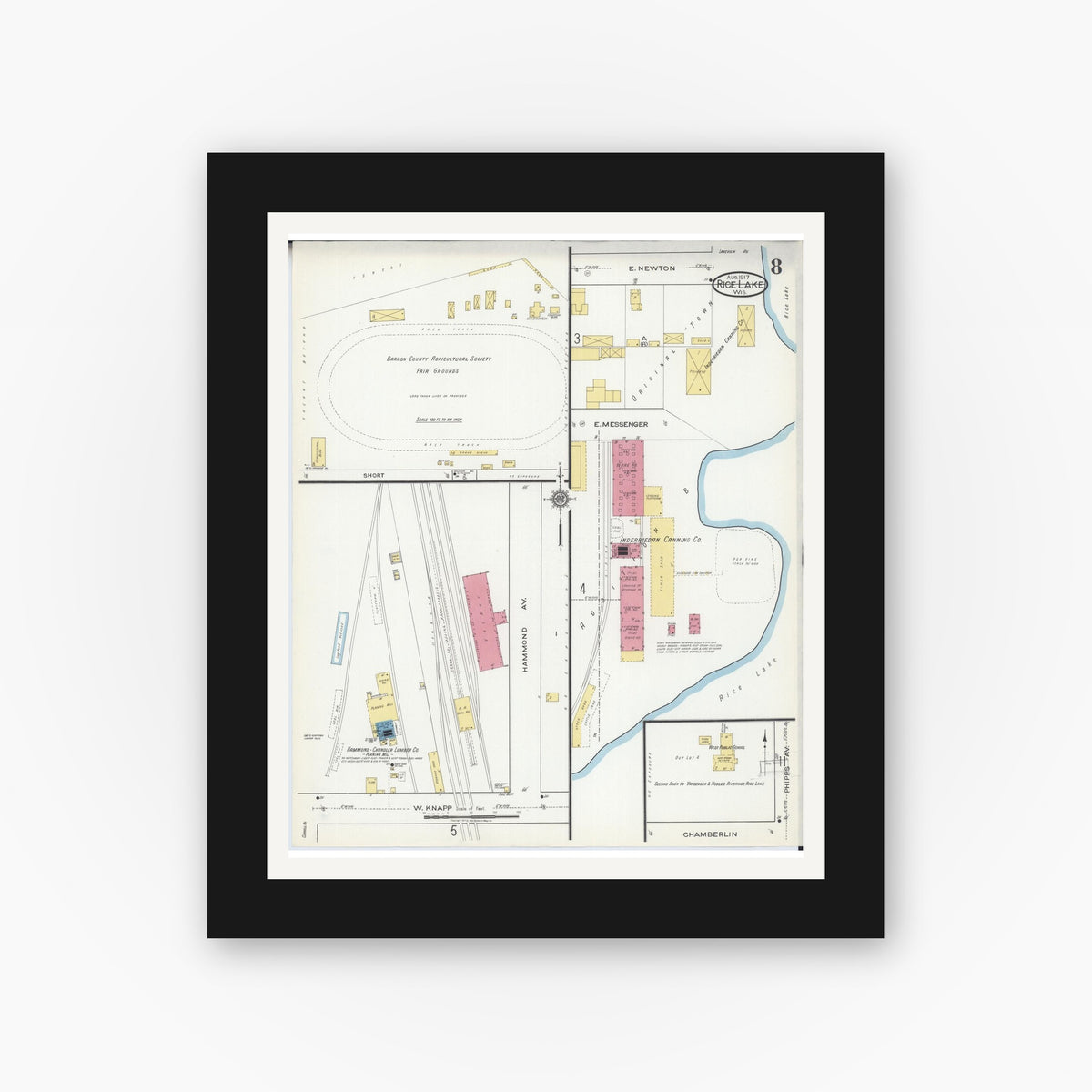 Old map wall art mockup — black gallery frame with white mat — Sanborn Fire Insurance Map from Rice Lake, Barron County, Wisconsin (1917), Sheet #0008