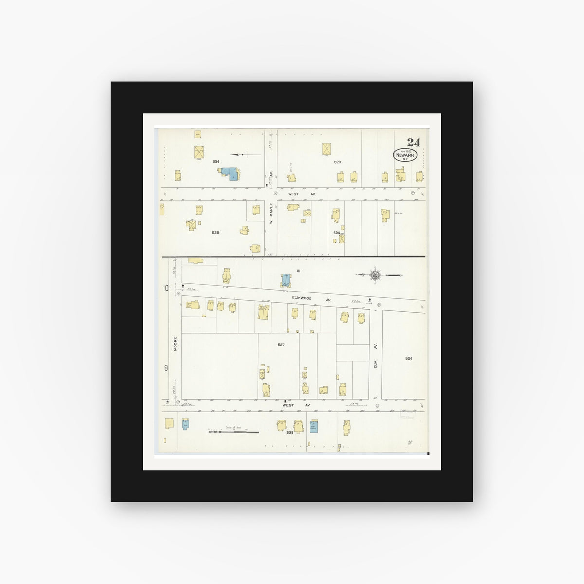 Old map wall art mockup — black gallery frame with white mat — Sanborn Fire Insurance Map from Newark, Wayne County, New York (1912), Sheet #0024