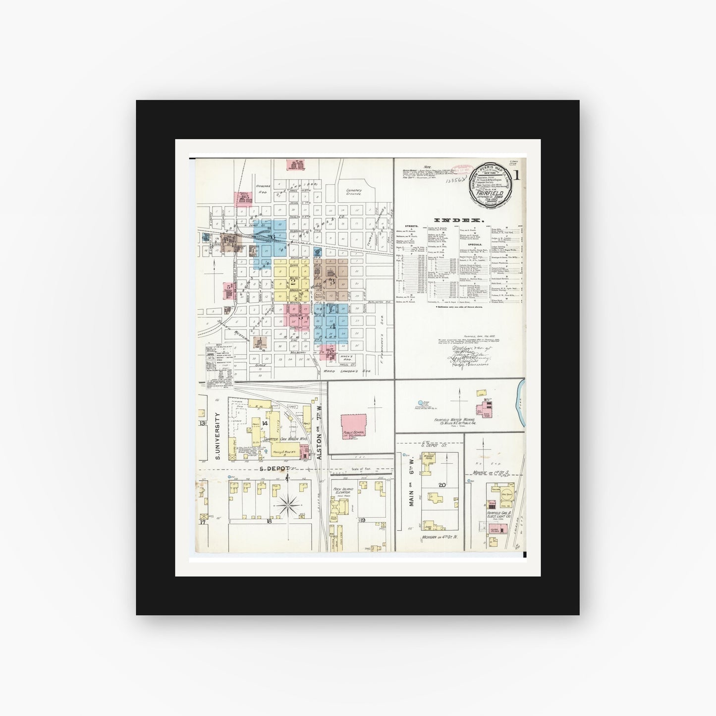 Old map wall art mockup — black gallery frame with white mat — Sanborn Fire Insurance Map from Fairfield, Jefferson County, Iowa (1892), Sheet #0001