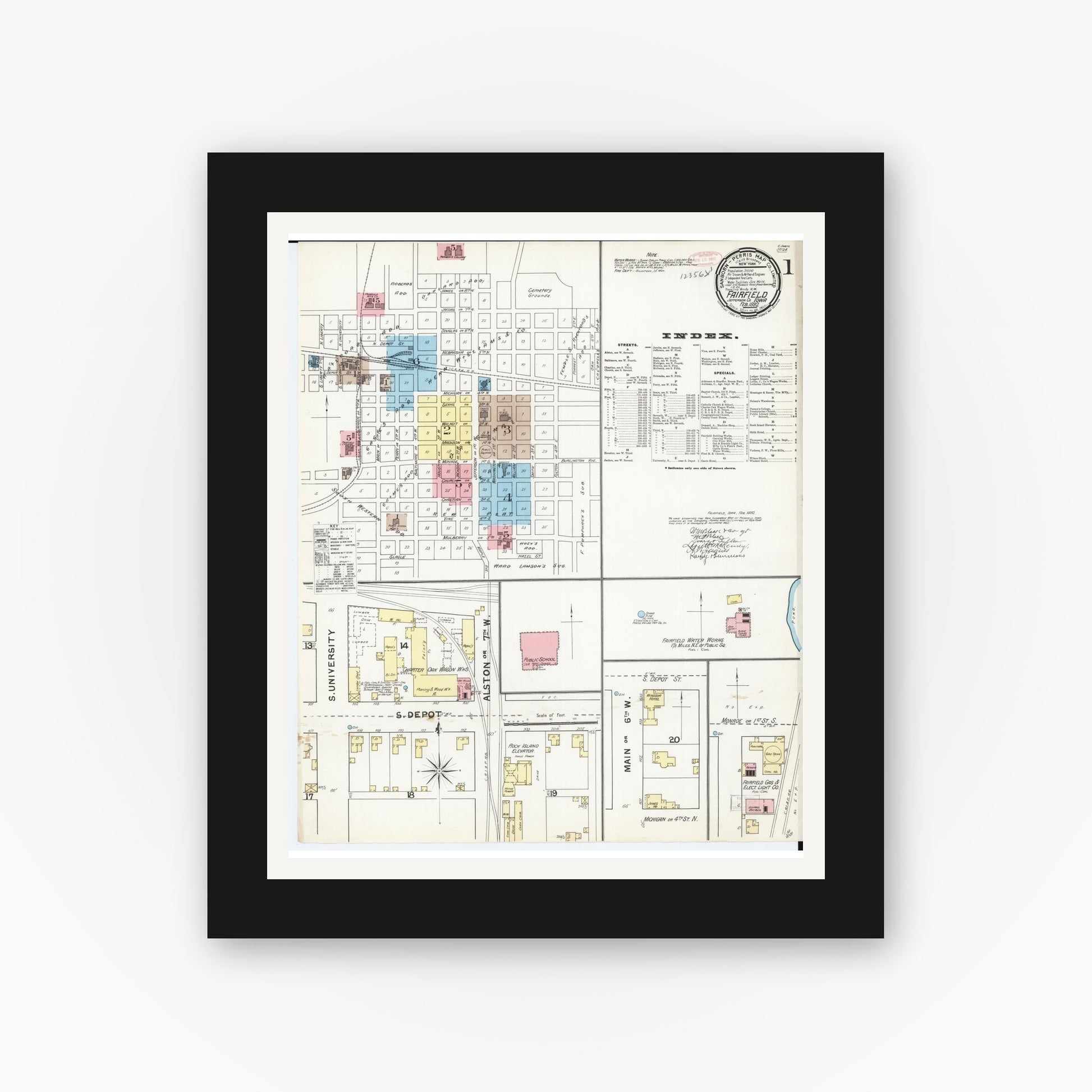 Old map wall art mockup — black gallery frame with white mat — Sanborn Fire Insurance Map from Fairfield, Jefferson County, Iowa (1892), Sheet #0001