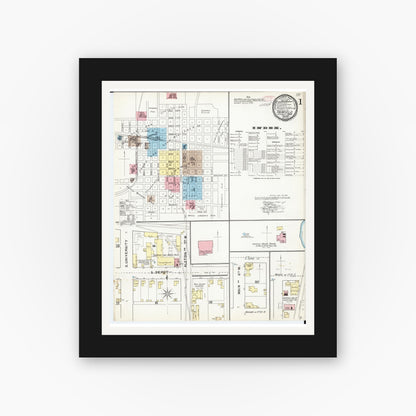 Old map wall art mockup — black gallery frame with white mat — Sanborn Fire Insurance Map from Fairfield, Jefferson County, Iowa (1892), Sheet #0001