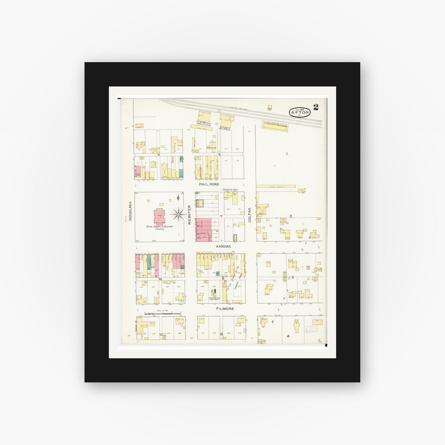 Old map wall art mockup — black gallery frame with white mat — Sanborn Fire Insurance Map from Afton, Union County, Iowa (1893), Sheet #0002