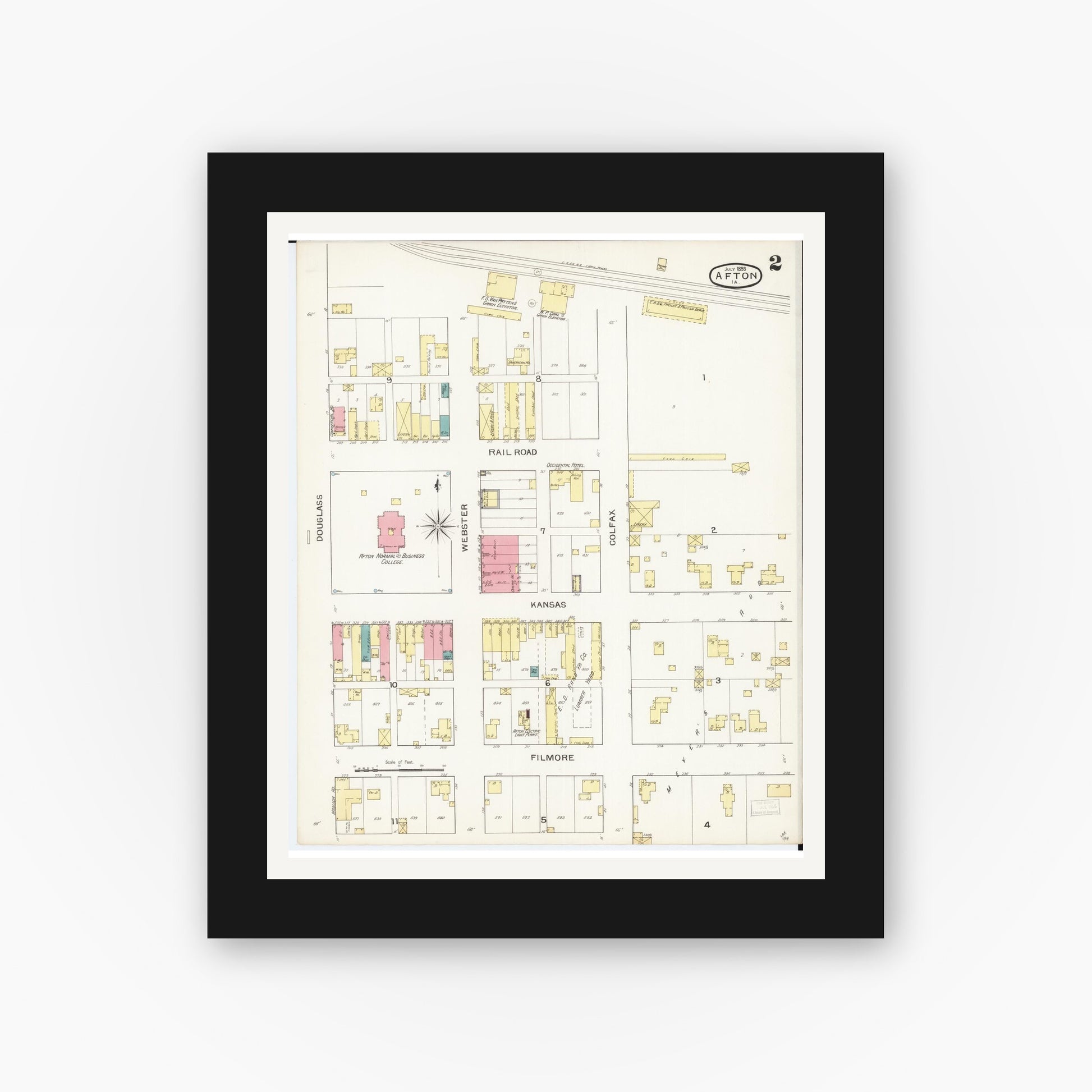 Old map wall art mockup — black gallery frame with white mat — Sanborn Fire Insurance Map from Afton, Union County, Iowa (1893), Sheet #0002