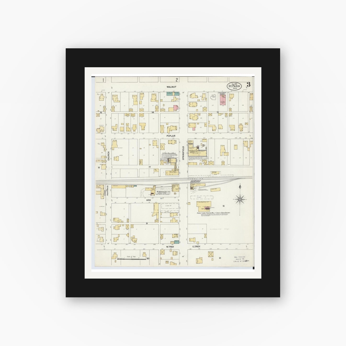 Old map wall art mockup — black gallery frame with white mat — Sanborn Fire Insurance Map from Saint Paris, Champaign County, Ohio (1901), Sheet #0003
