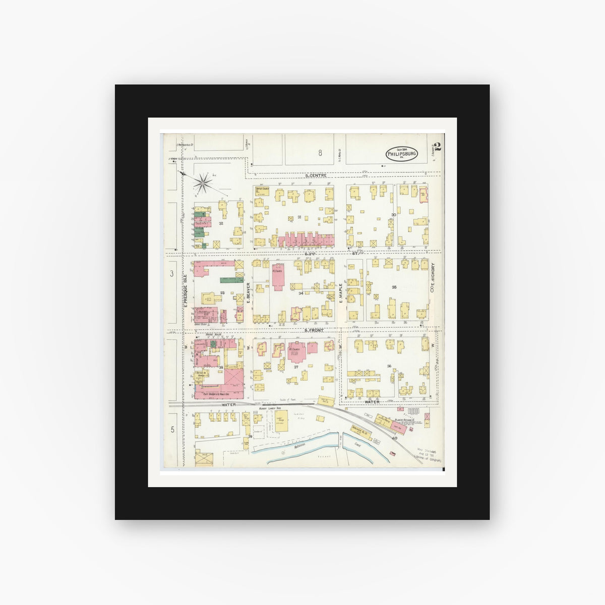 Old map wall art mockup — black gallery frame with white mat — Sanborn Fire Insurance Map from Philipsburg, Centre County, Pennsylvania (1904), Sheet #0002